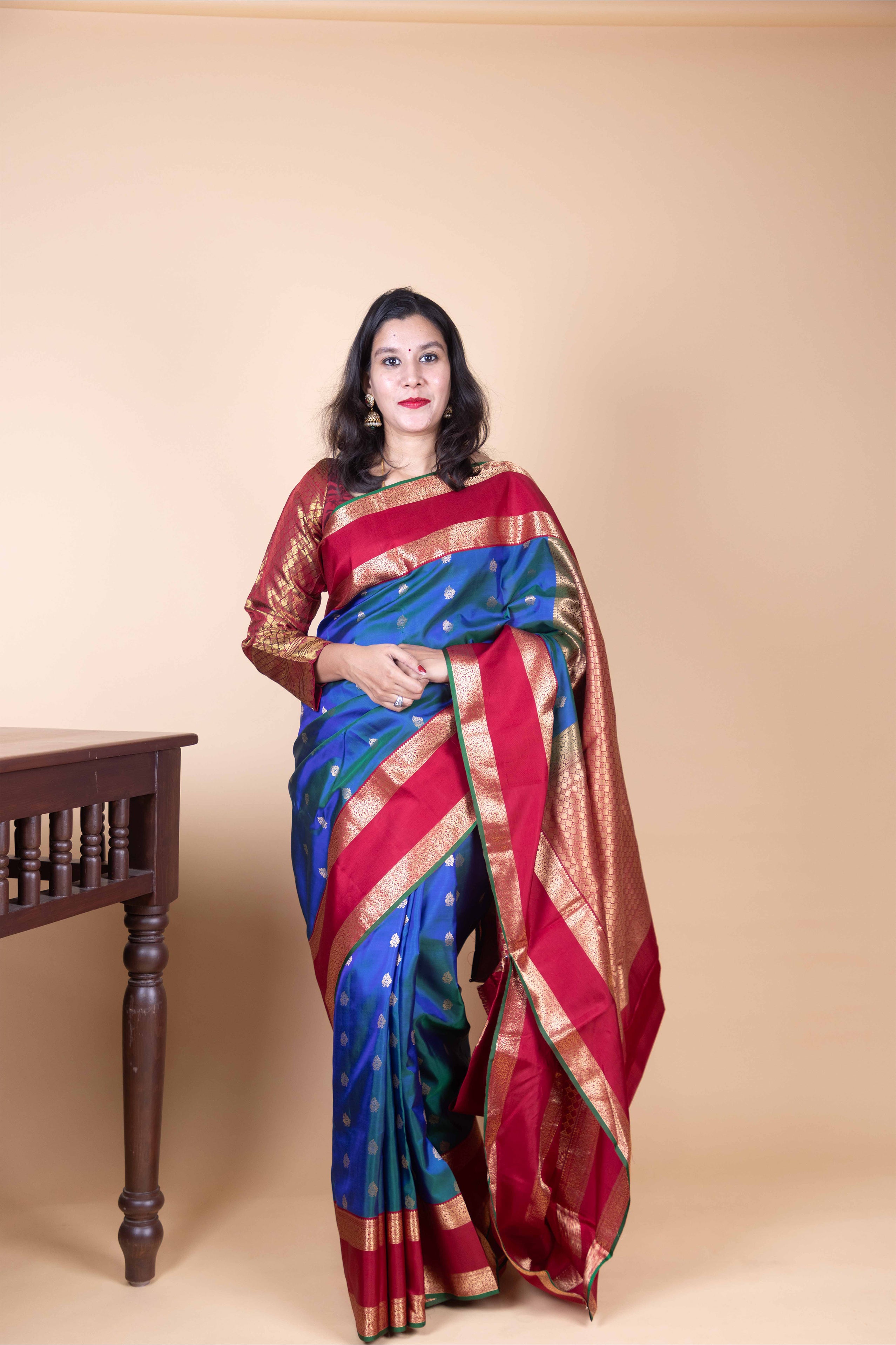 Peacock Blue and Red Berry Traditional Pure Kanjivaram Silk Saree