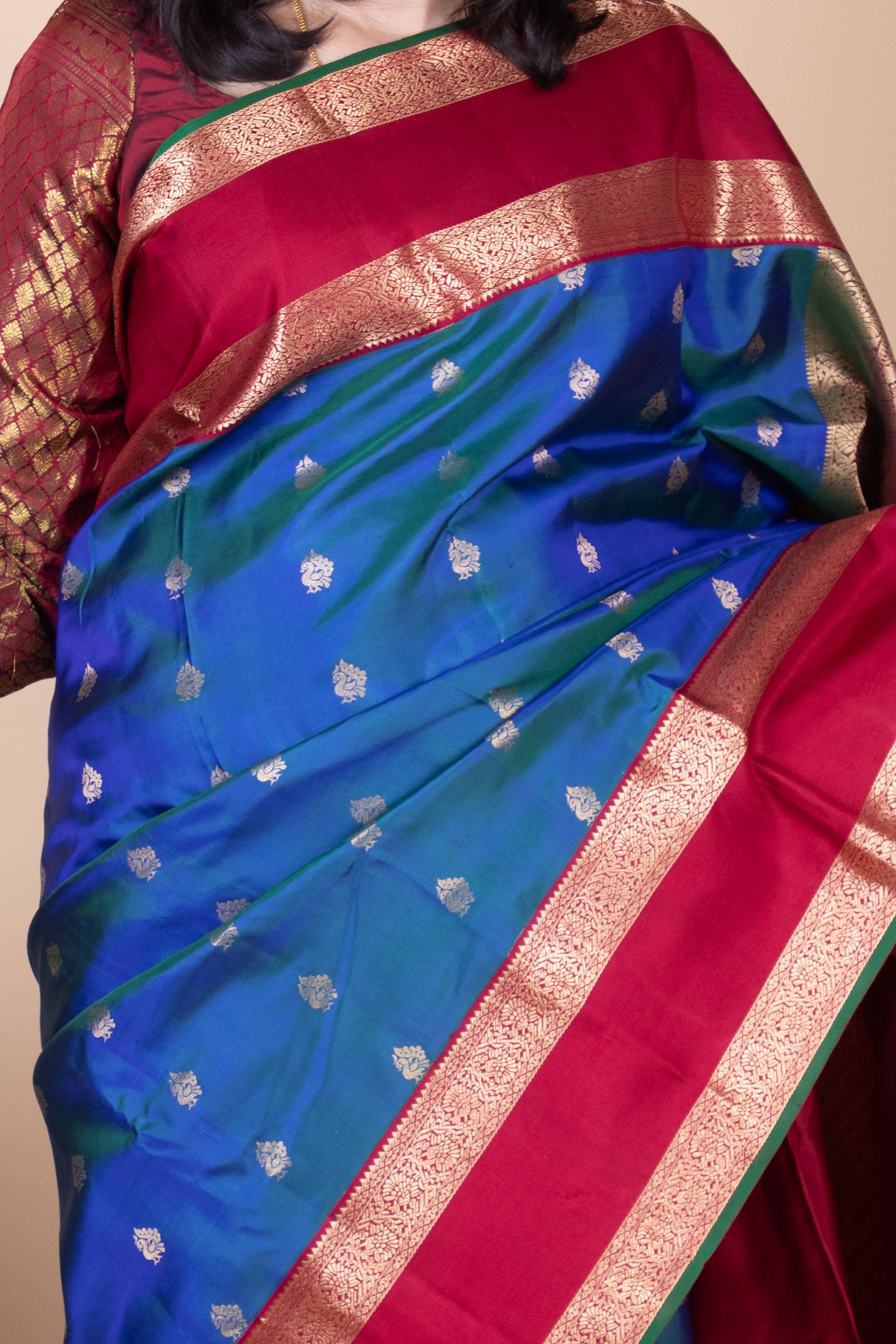 Peacock Blue and Red Berry Traditional Pure Kanjivaram Silk Saree