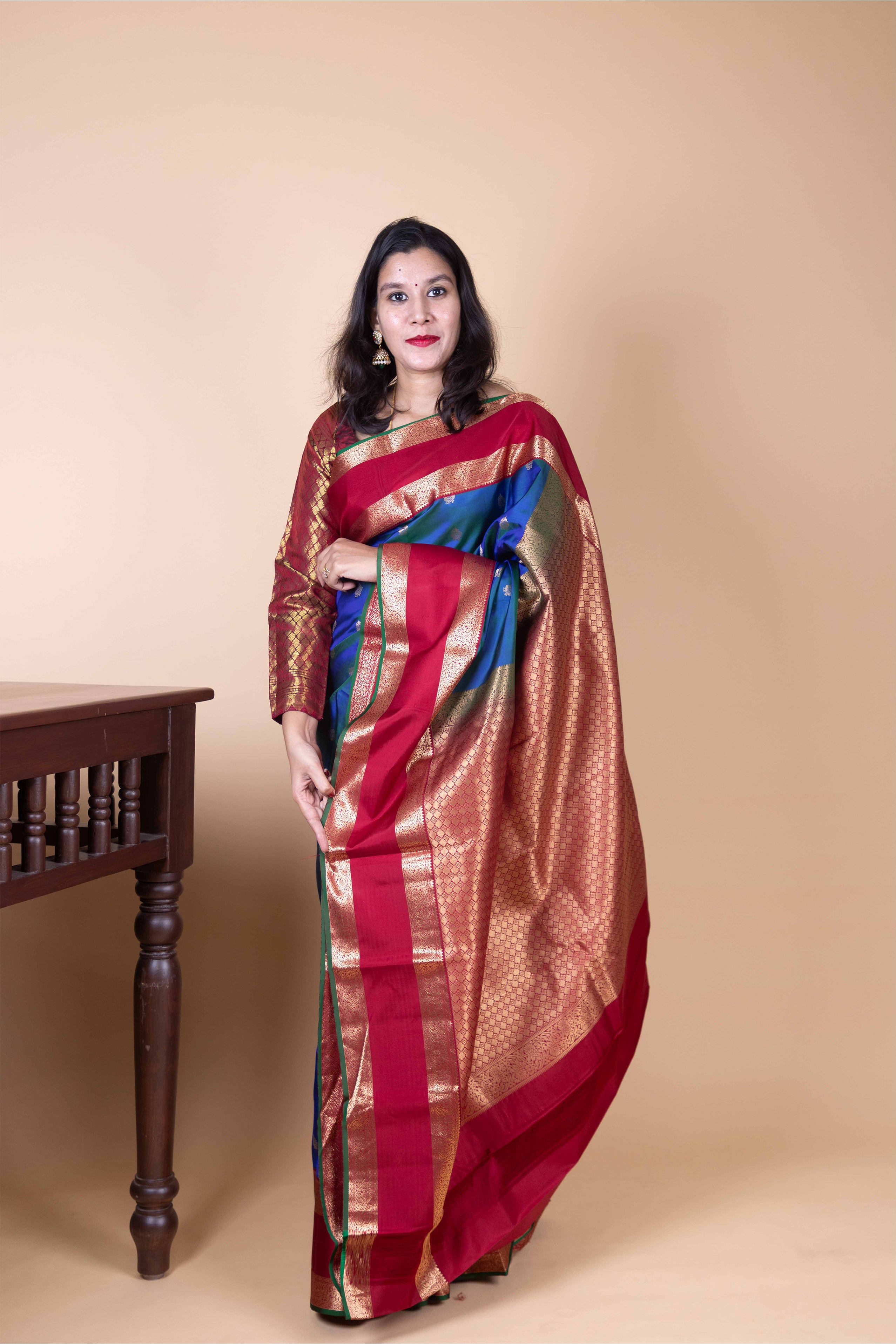 Peacock Blue and Red Berry Traditional Pure Kanjivaram Silk Saree