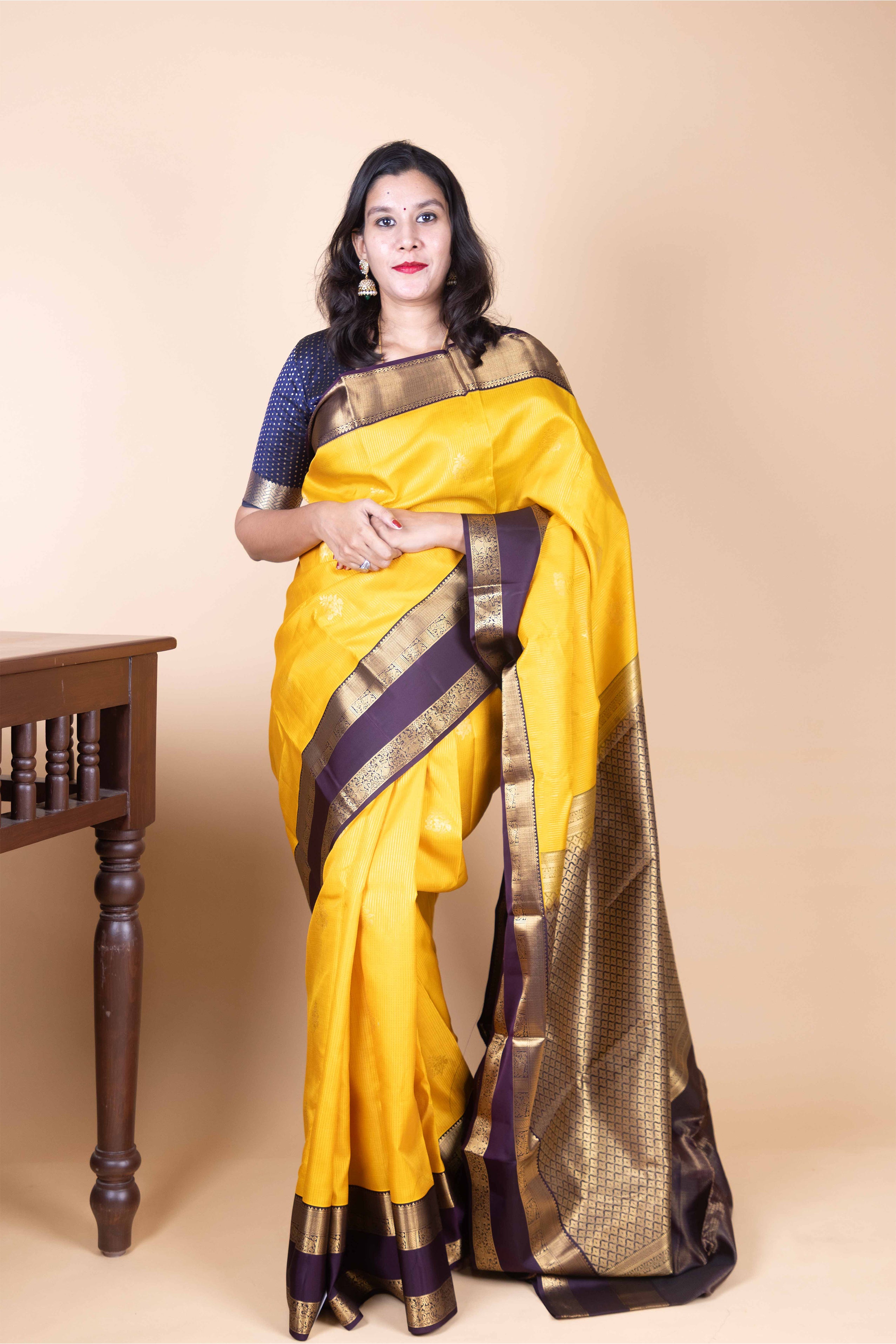 British Yellow and Midnight Purple Korvai Pure Kanjivaram Silk Saree