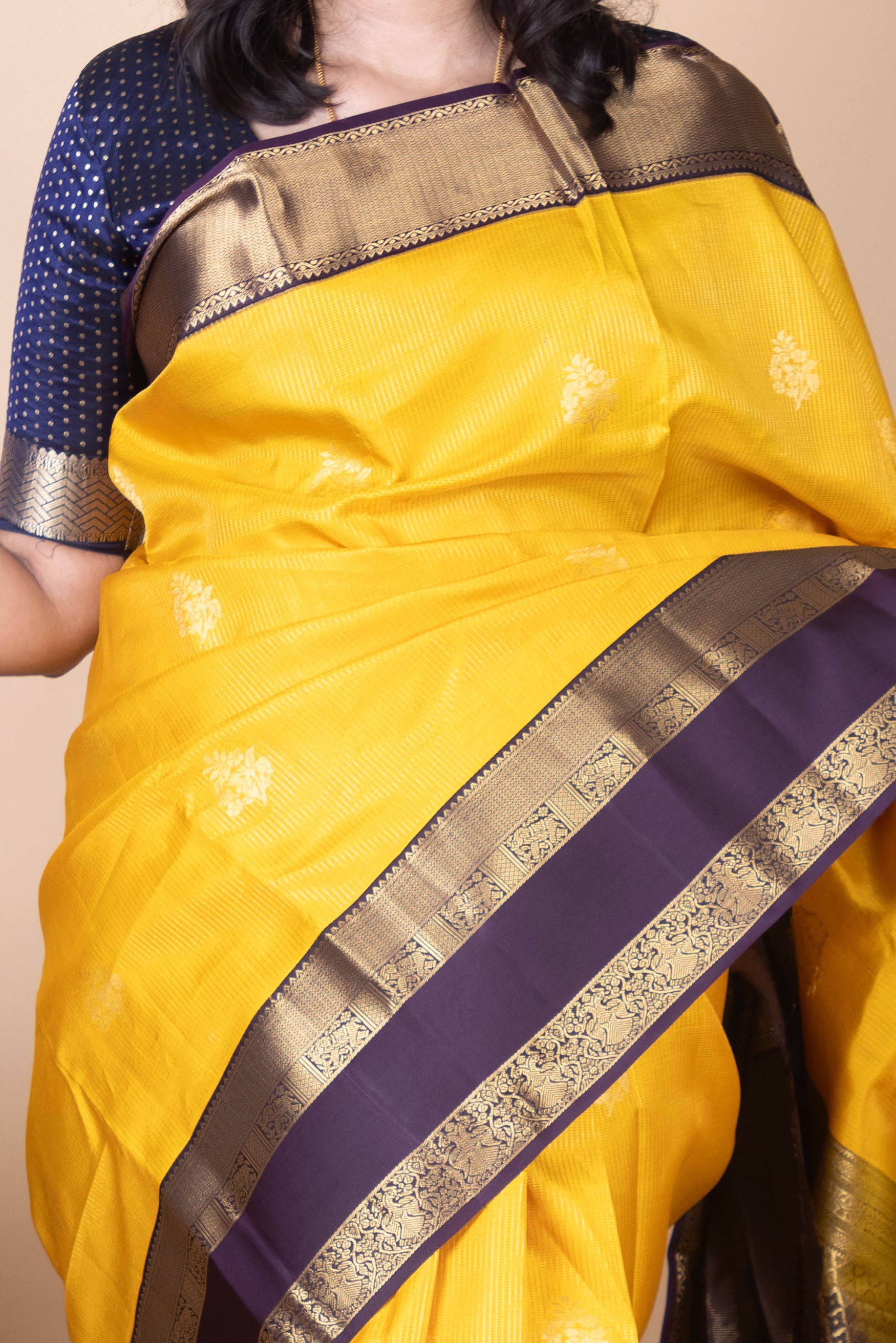 British Yellow and Midnight Purple Korvai Pure Kanjivaram Silk Saree