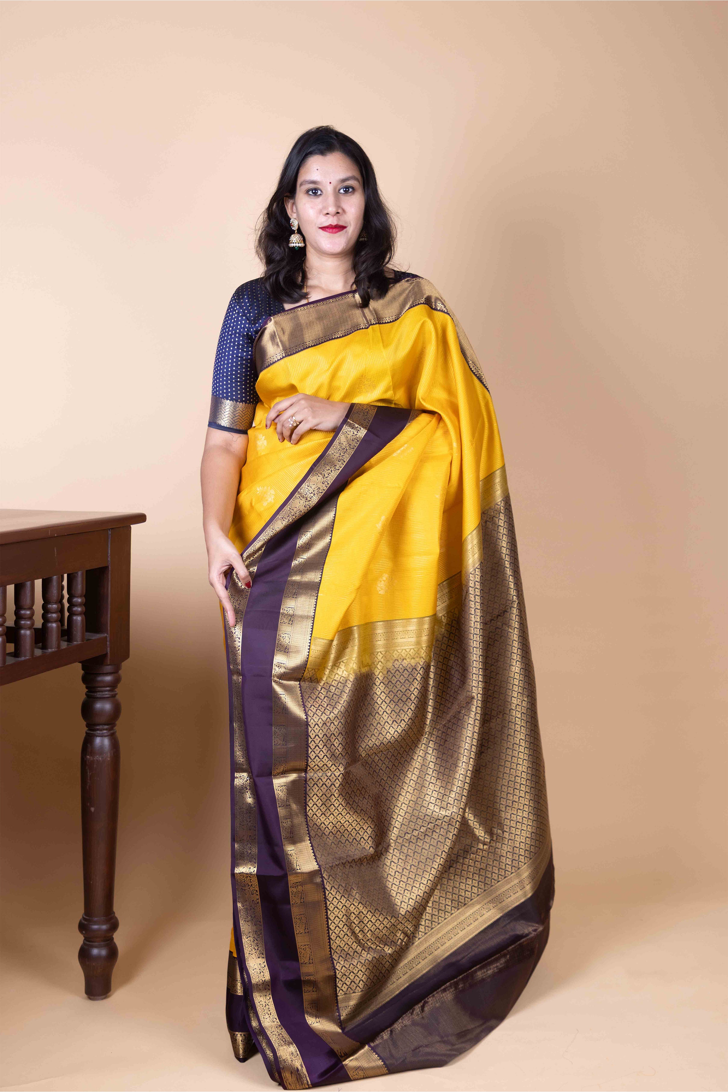 British Yellow and Midnight Purple Korvai Pure Kanjivaram Silk Saree