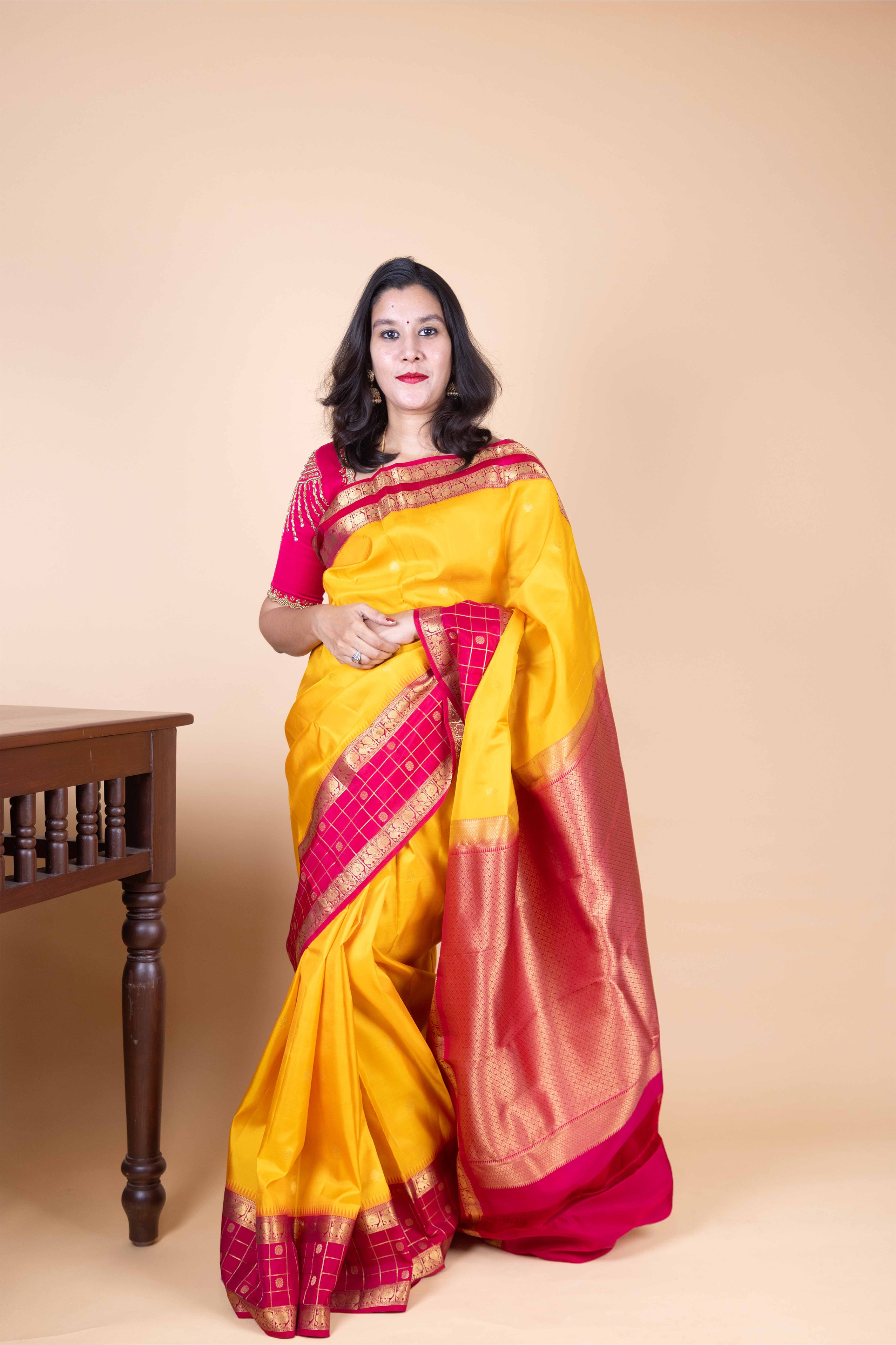 Goldenrod Yellow and Cerise Korvai Pure Kanjivaram Silk Saree