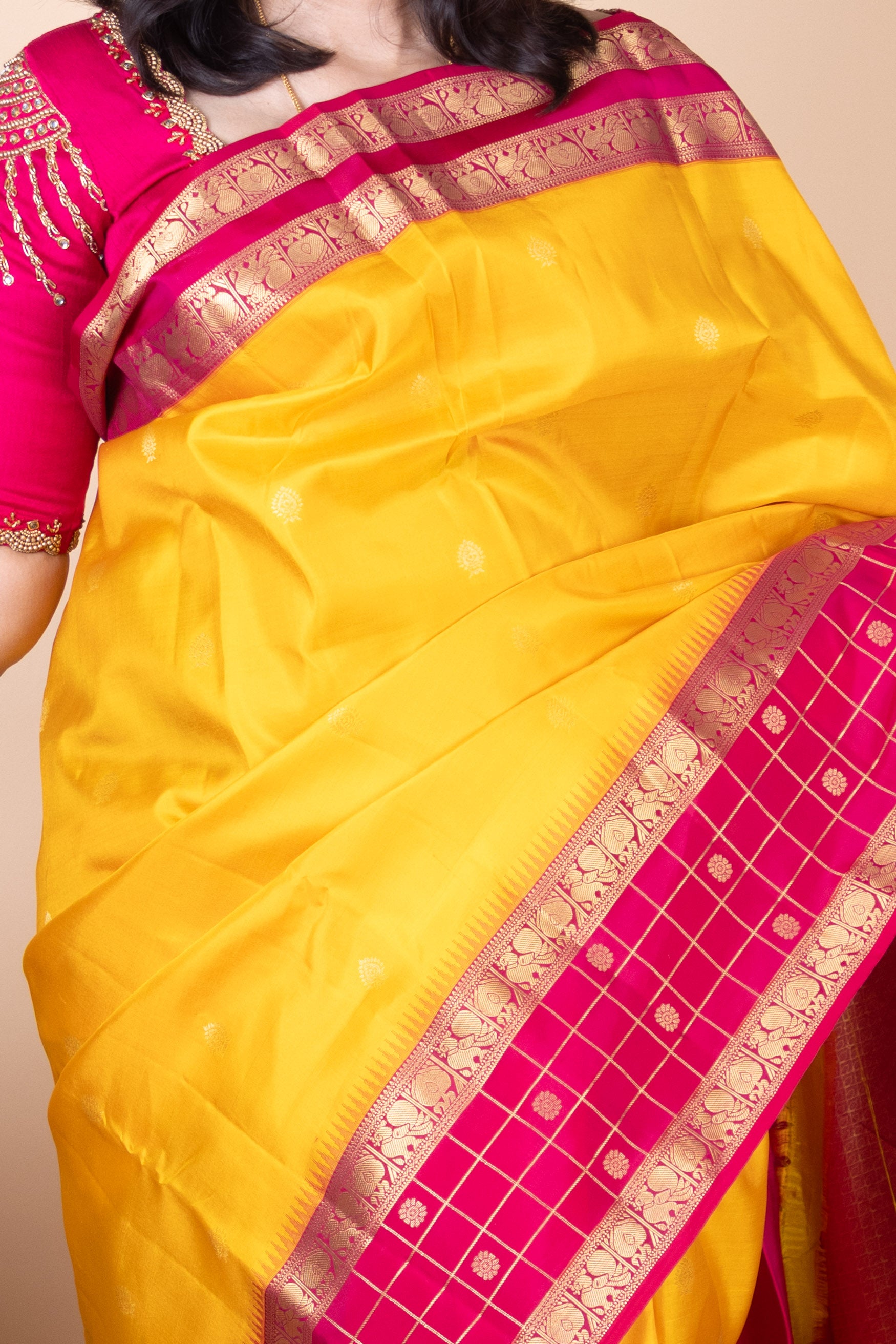 Goldenrod Yellow and Cerise Korvai Pure Kanjivaram Silk Saree