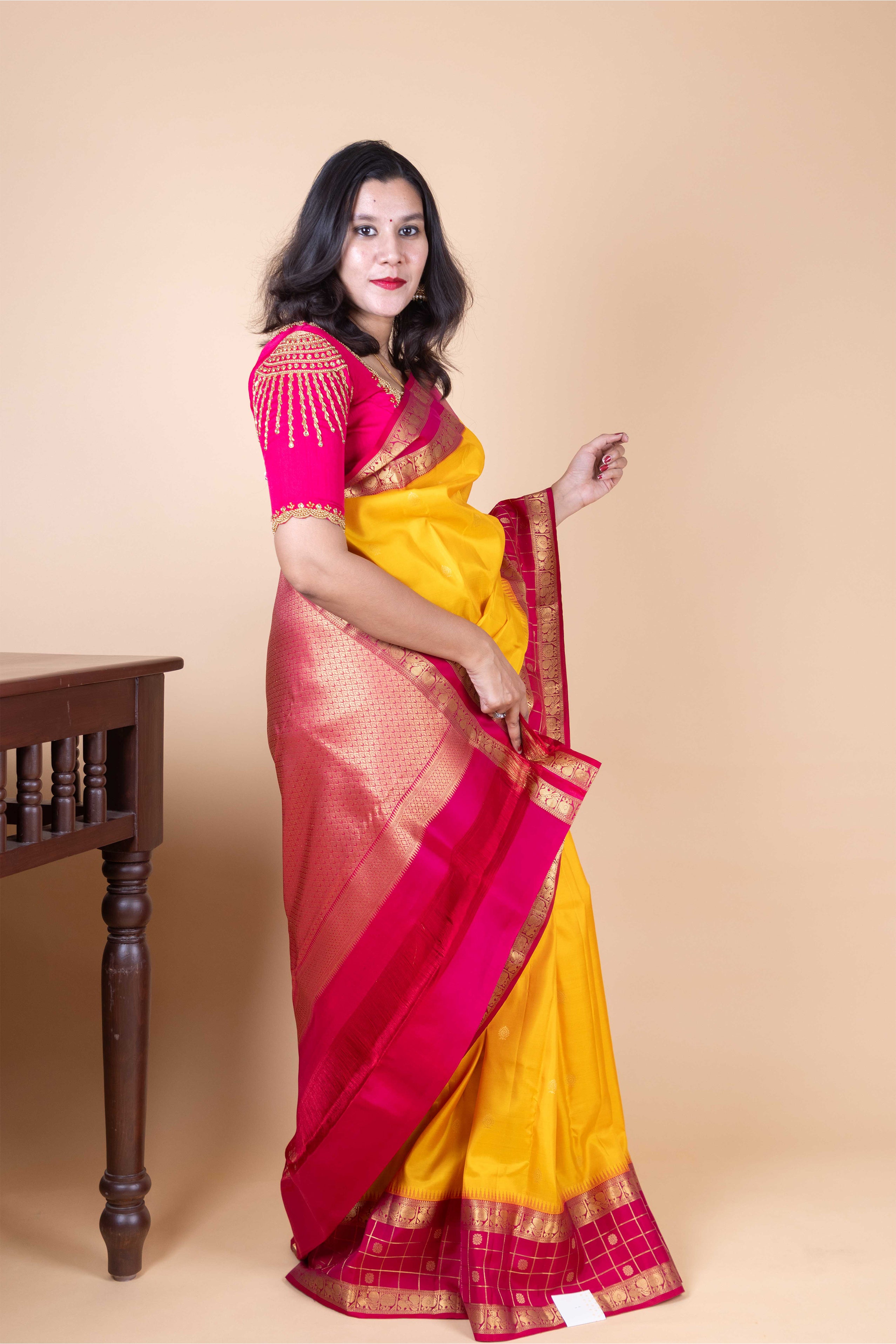 Goldenrod Yellow and Cerise Korvai Pure Kanjivaram Silk Saree