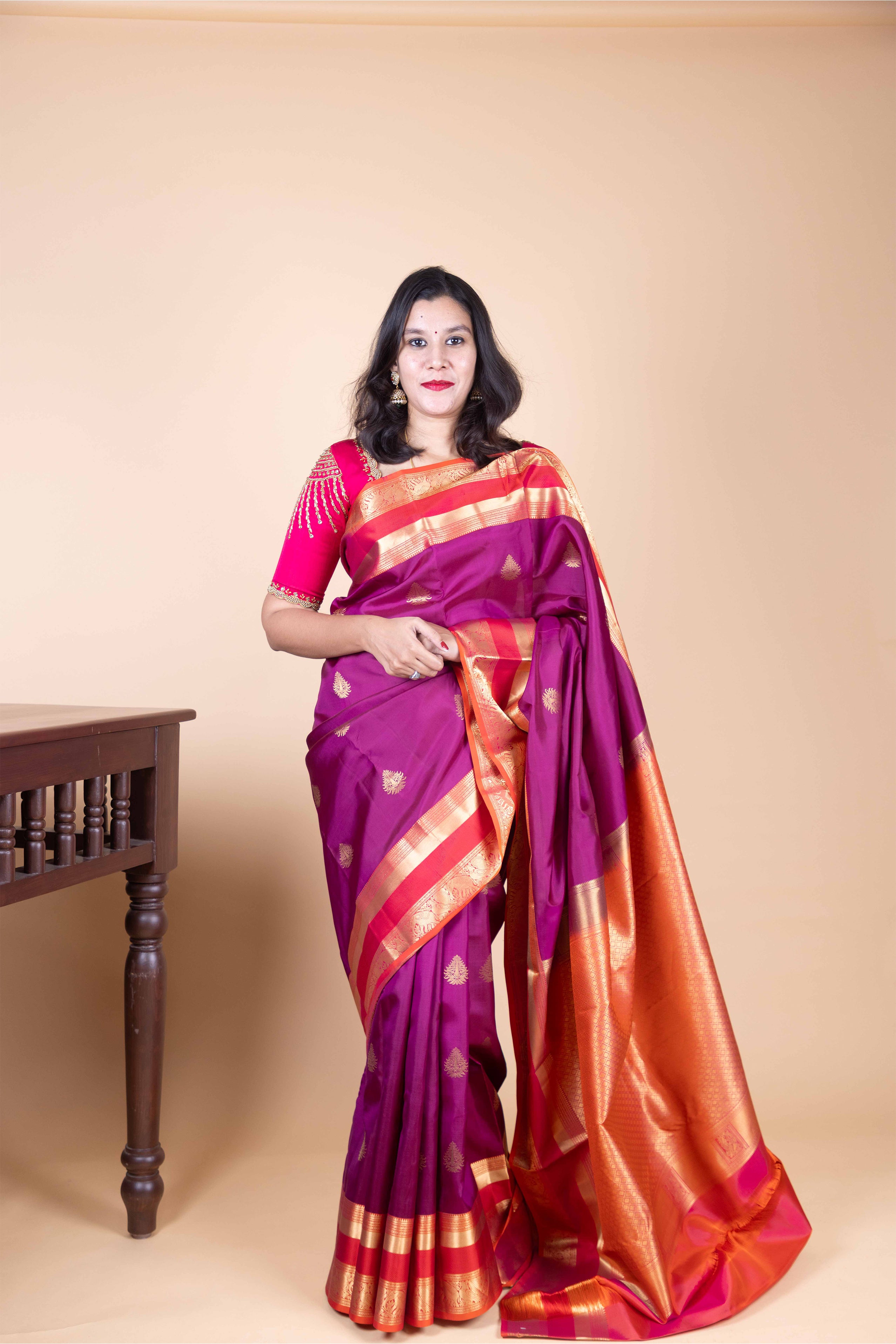 Plum Purple and Dual Tone Orange Traditional Pure Kanjivaram Silk Saree