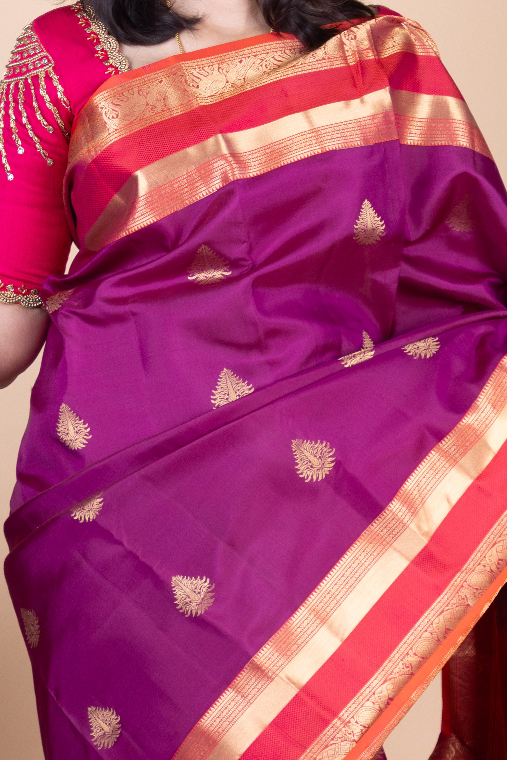 Plum Purple and Dual Tone Orange Traditional Pure Kanjivaram Silk Saree