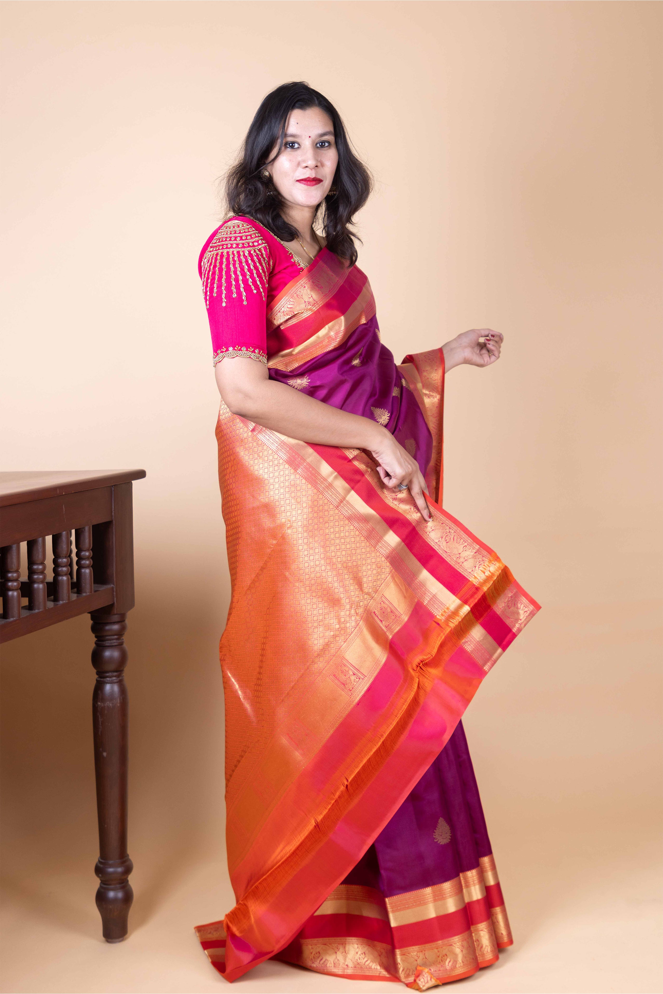 Plum Purple and Dual Tone Orange Traditional Pure Kanjivaram Silk Saree