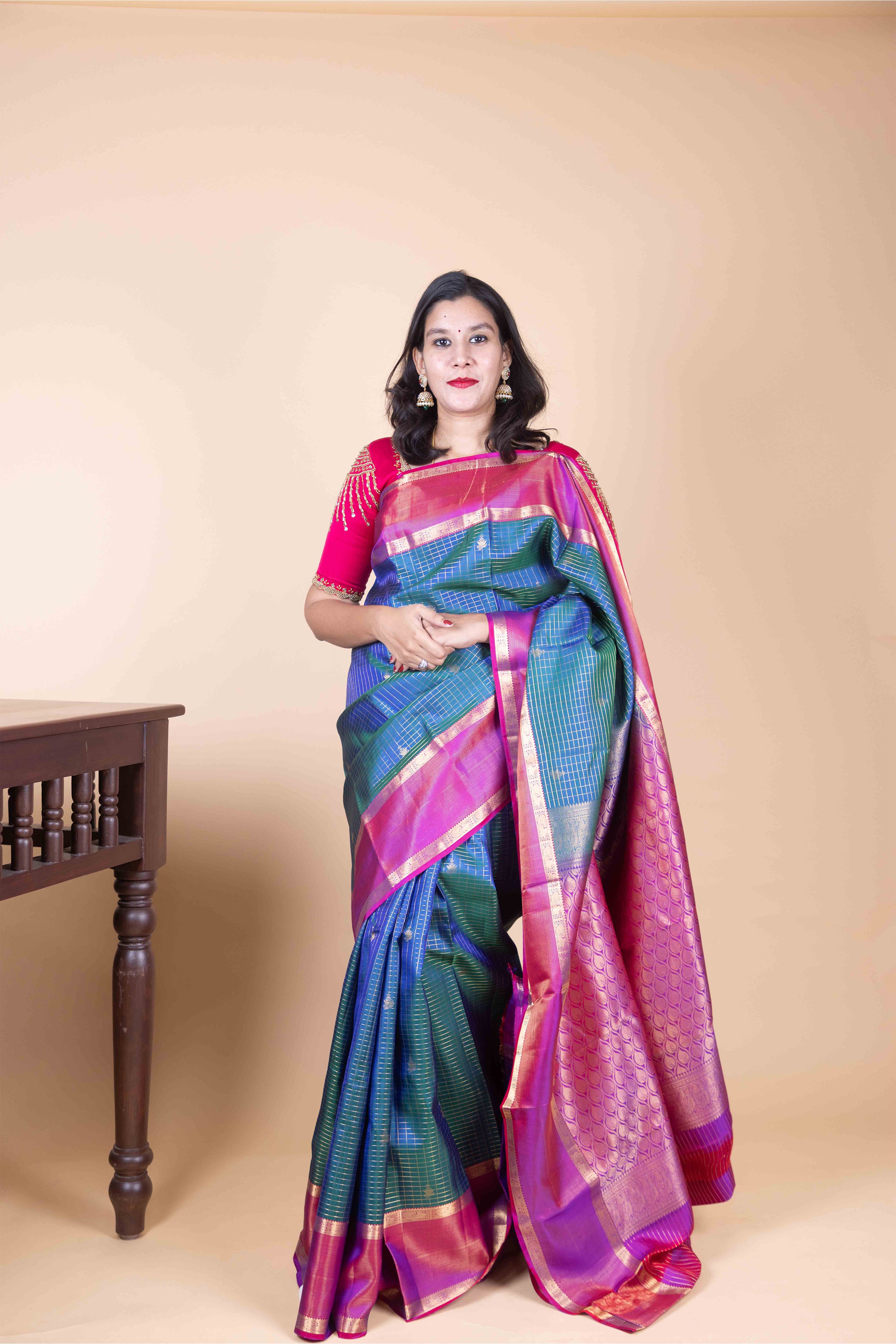 Peacock Blue and Dual Tone Pink Jari checked Pure Kanjivaram Silk Saree