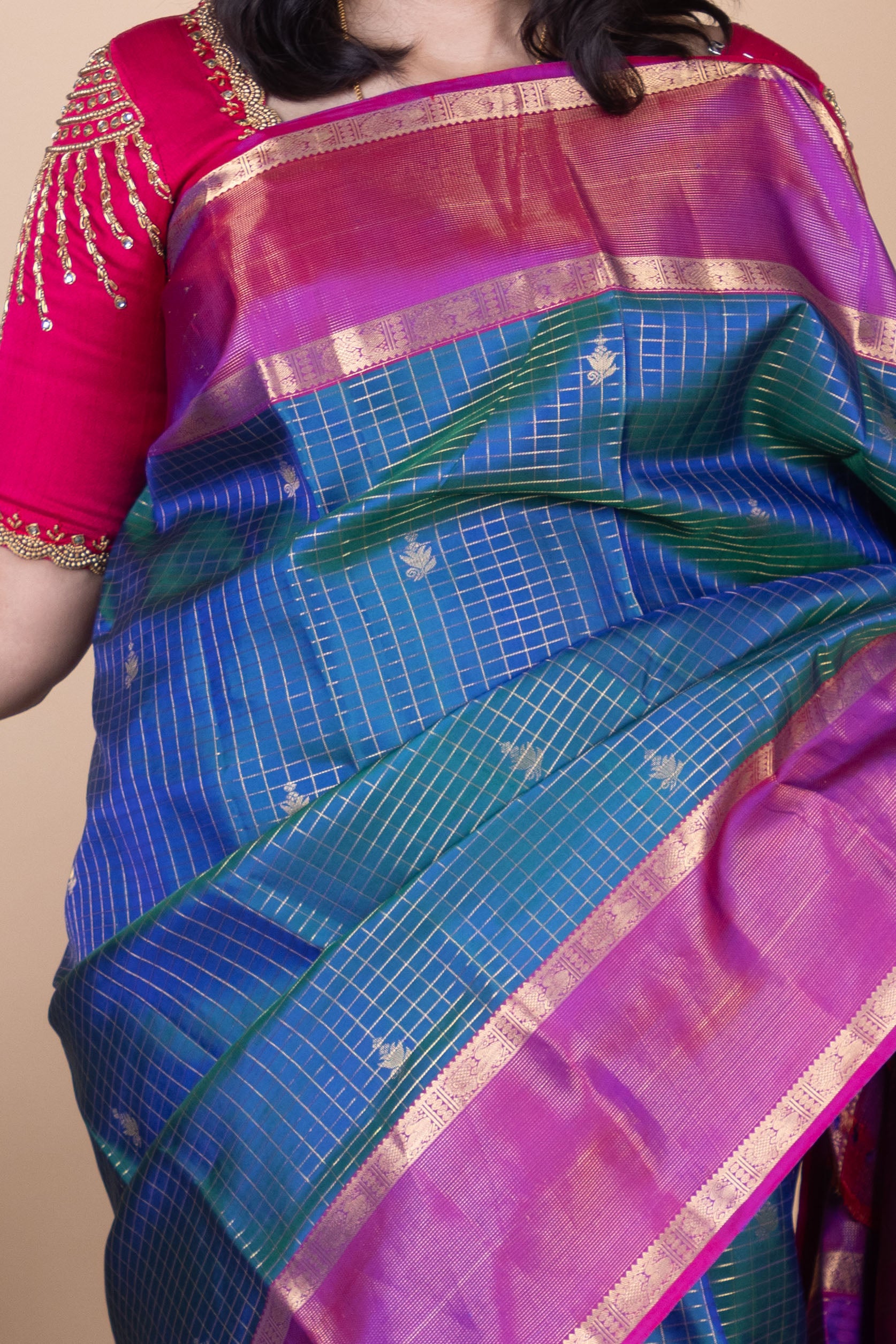 Peacock Blue and Dual Tone Pink Jari checked Pure Kanjivaram Silk Saree