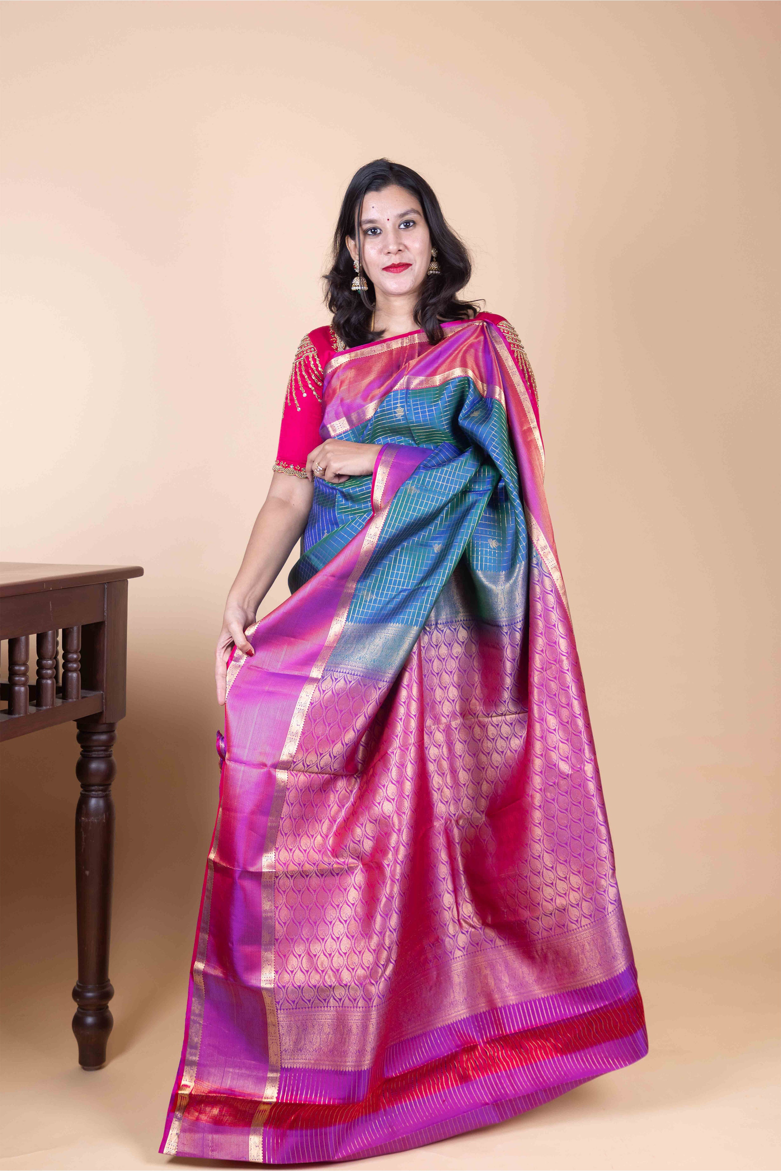 Peacock Blue and Dual Tone Pink Jari checked Pure Kanjivaram Silk Saree