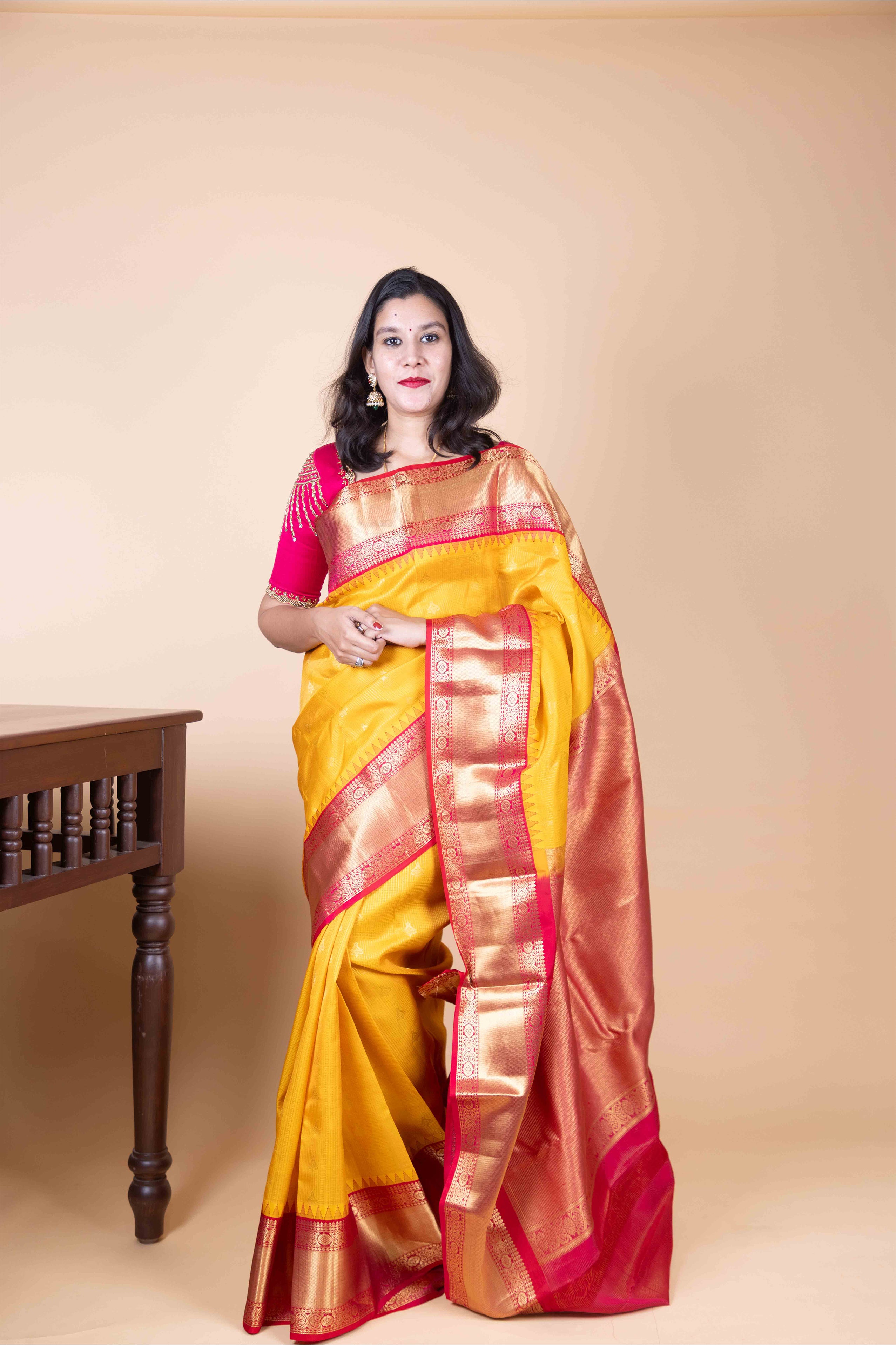 Goldenrod Yellow and Dual Tone Pink Jari Checked Pure Kanjivaram Silk Saree