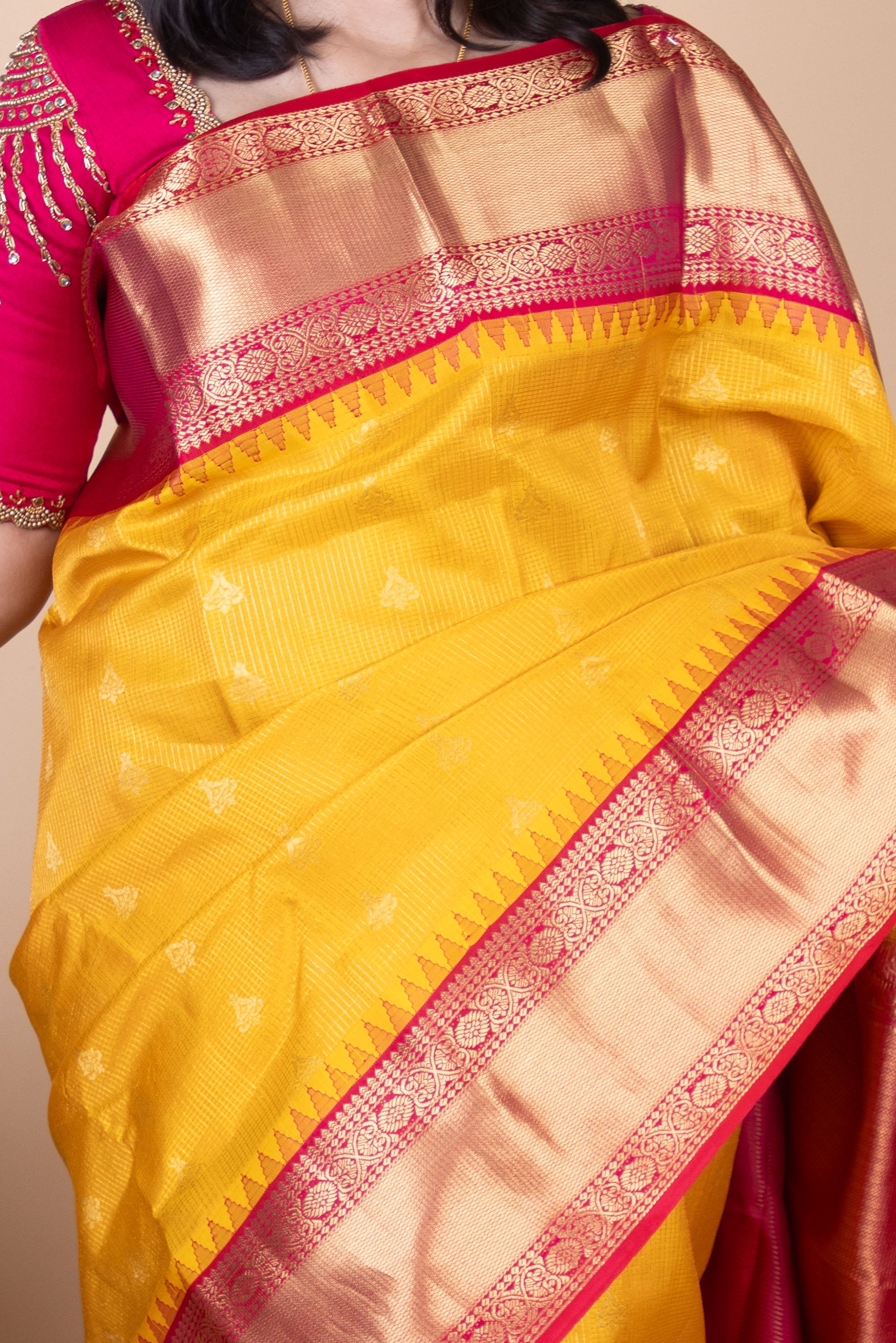Goldenrod Yellow and Dual Tone Pink Jari Checked Pure Kanjivaram Silk Saree