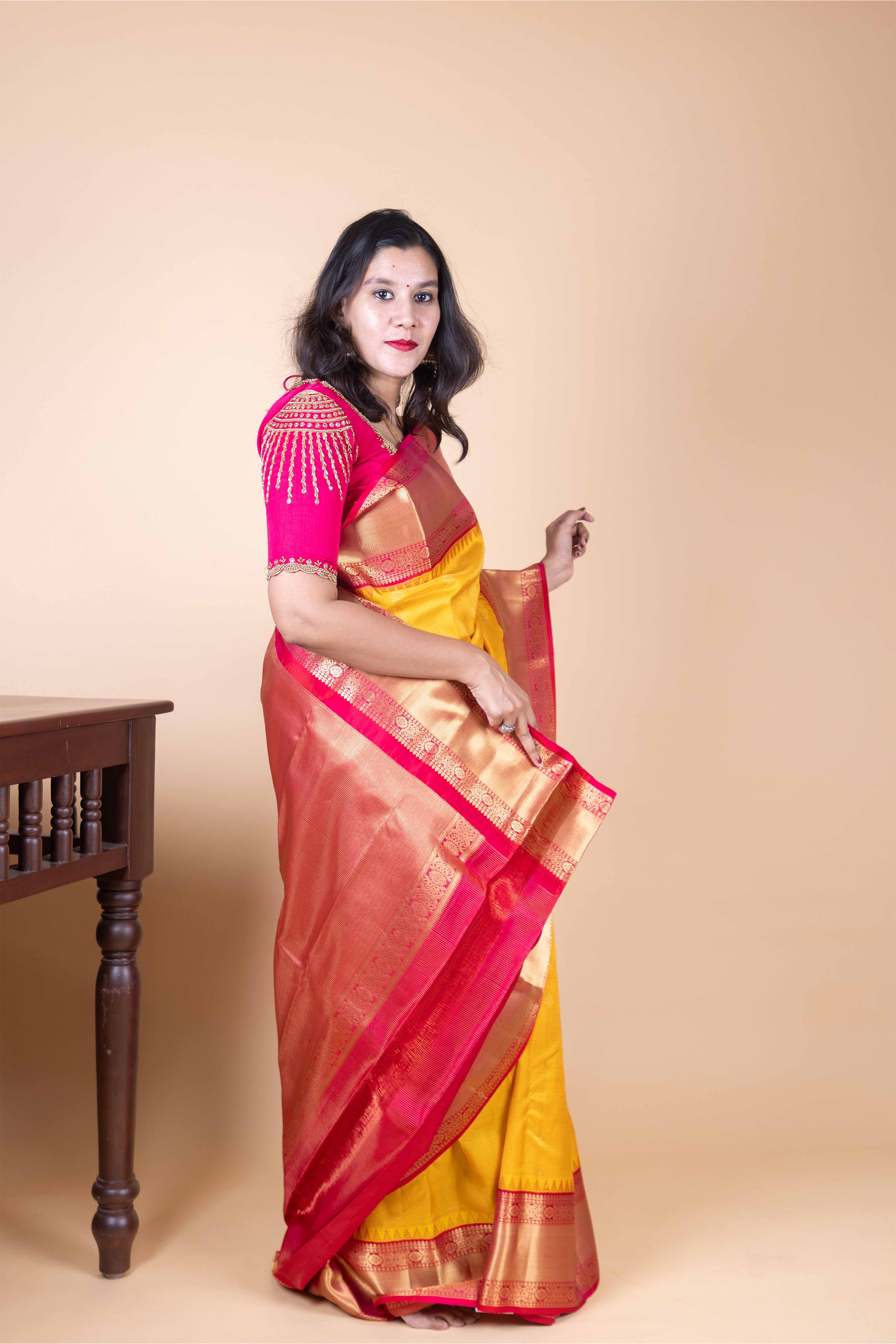 Goldenrod Yellow and Dual Tone Pink Jari Checked Pure Kanjivaram Silk Saree