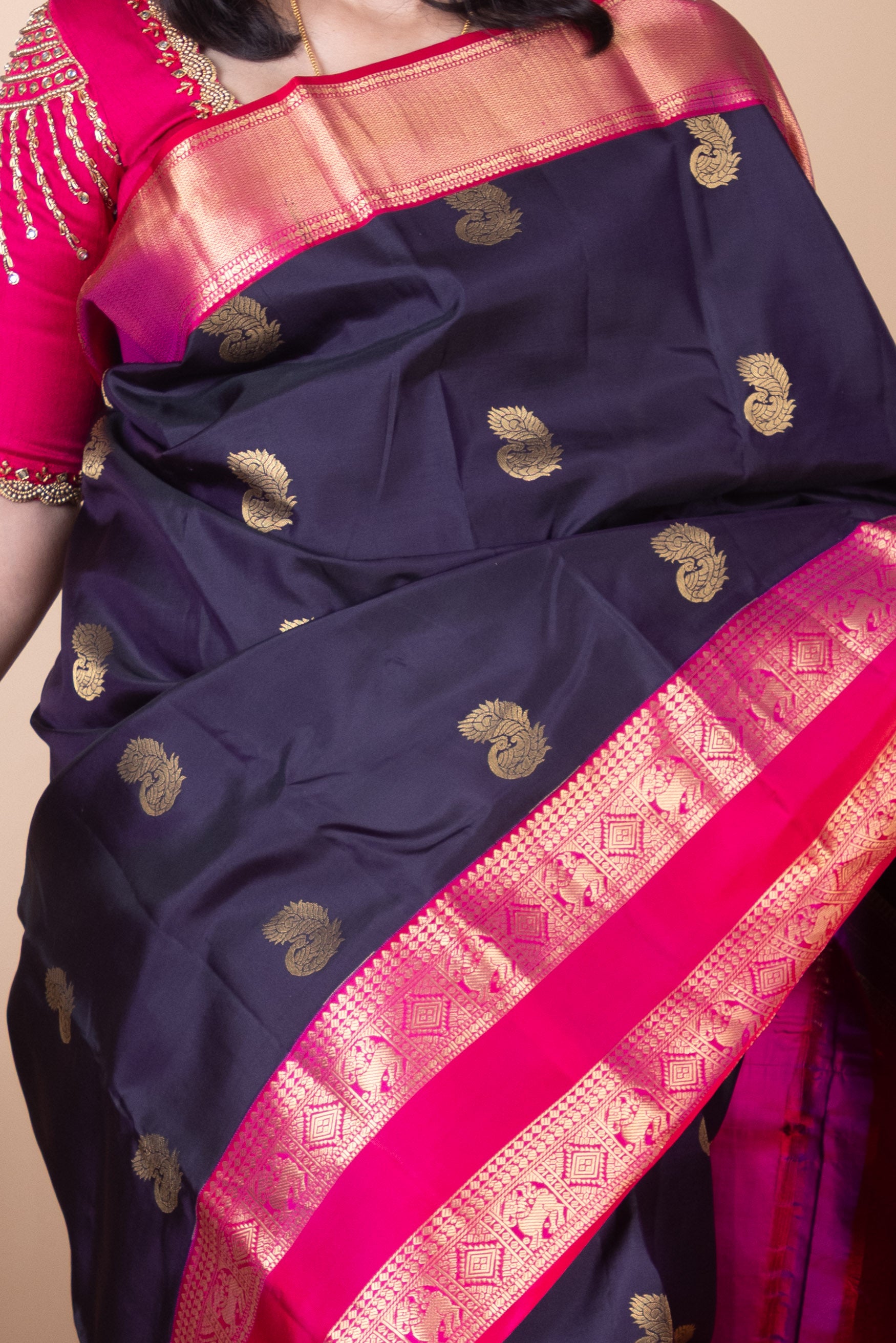 Midnight Purple and Rani Pink Korvai Pure Kanjivaram Silk Saree