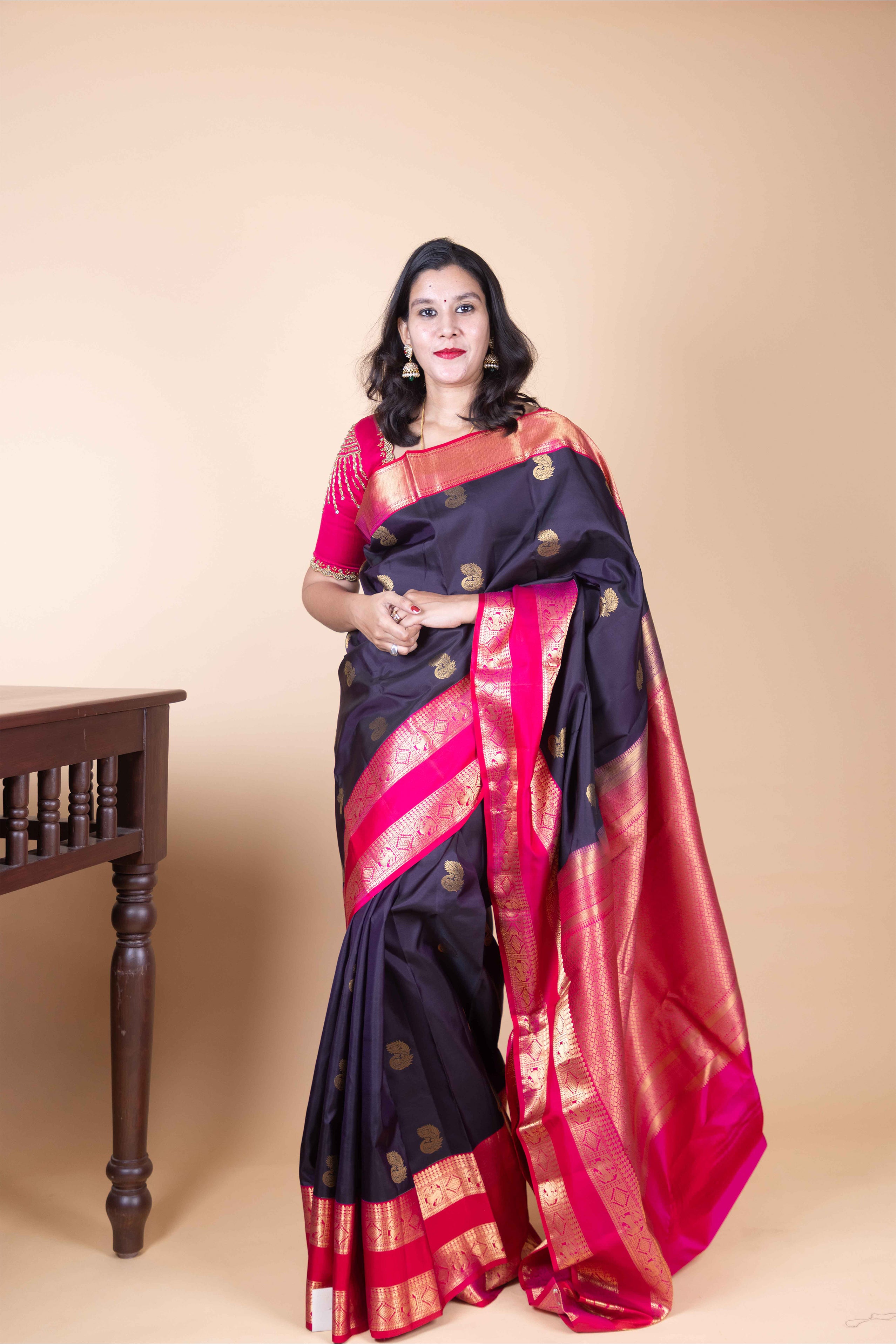 Midnight Purple and Rani Pink Korvai Pure Kanjivaram Silk Saree