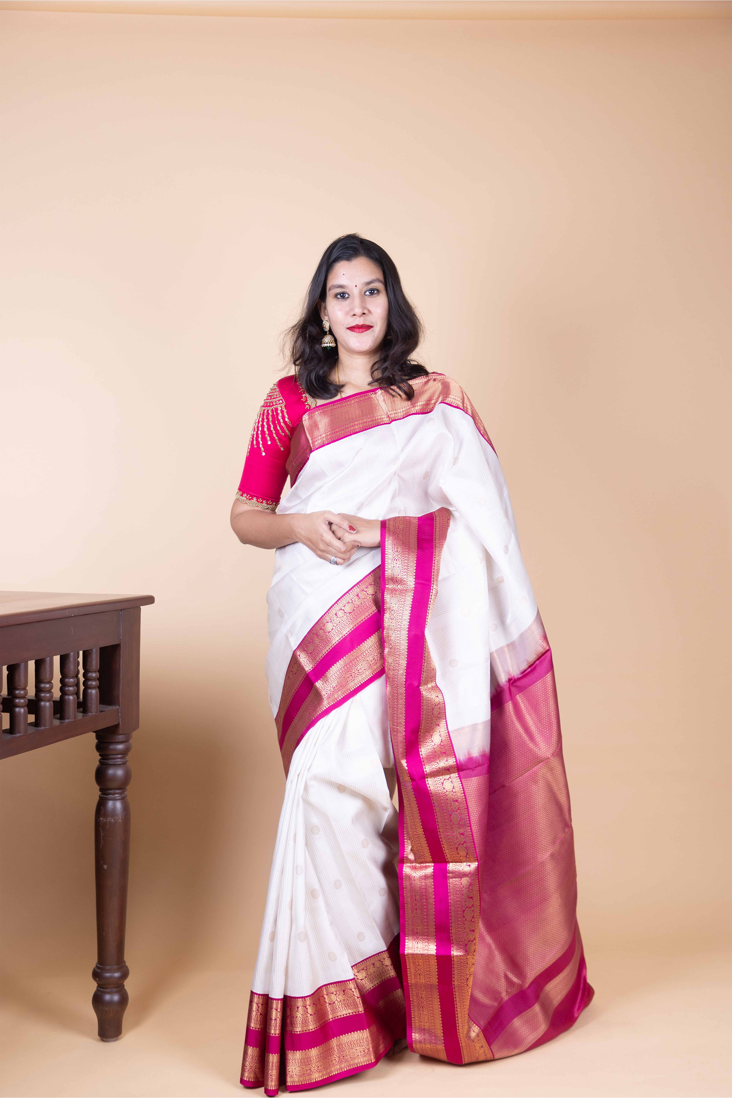 Pearl White and Magenta Pink Traditional Pure Kanjivaram Silk Saree