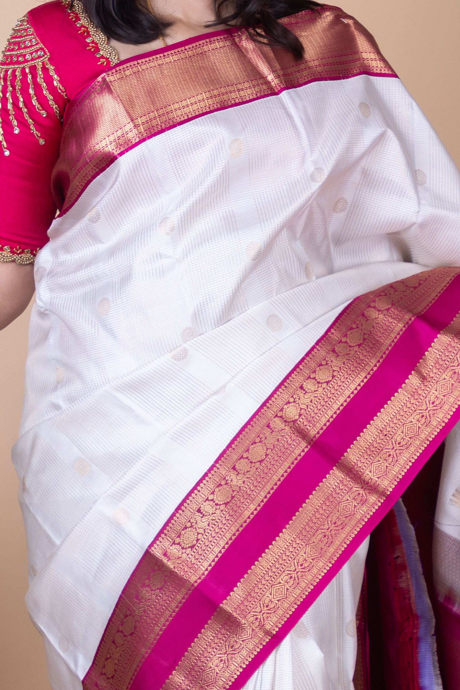 Pearl White and Magenta Pink Traditional Pure Kanjivaram Silk Saree