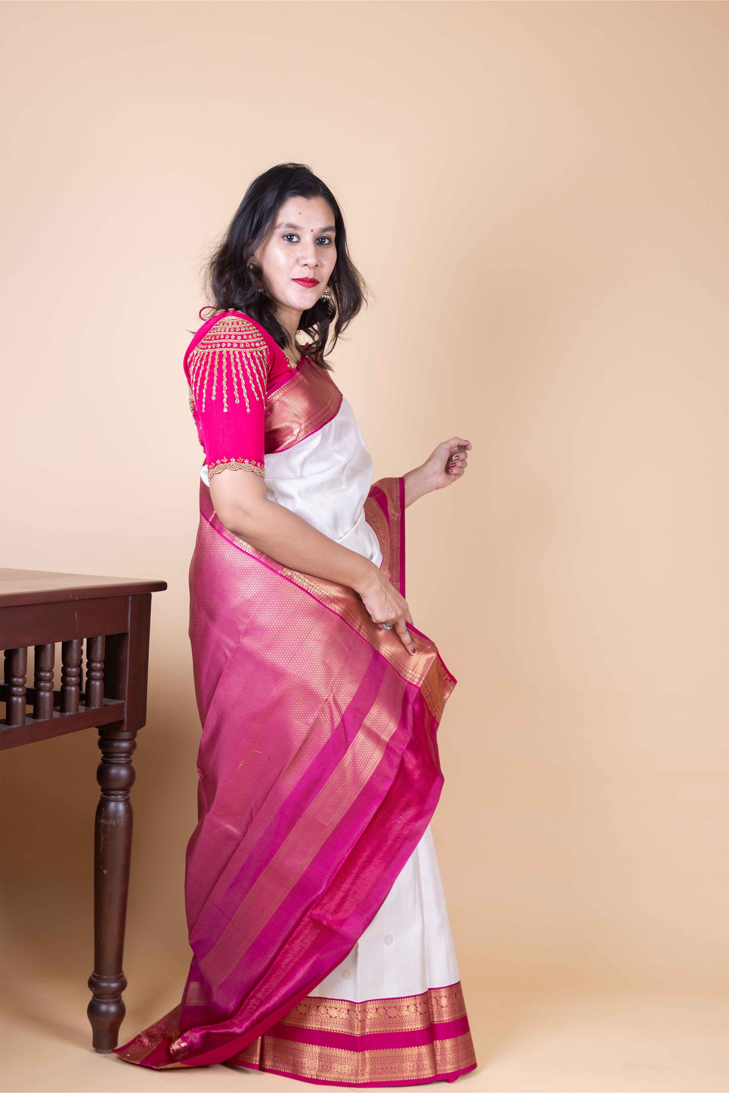 Pearl White and Magenta Pink Traditional Pure Kanjivaram Silk Saree