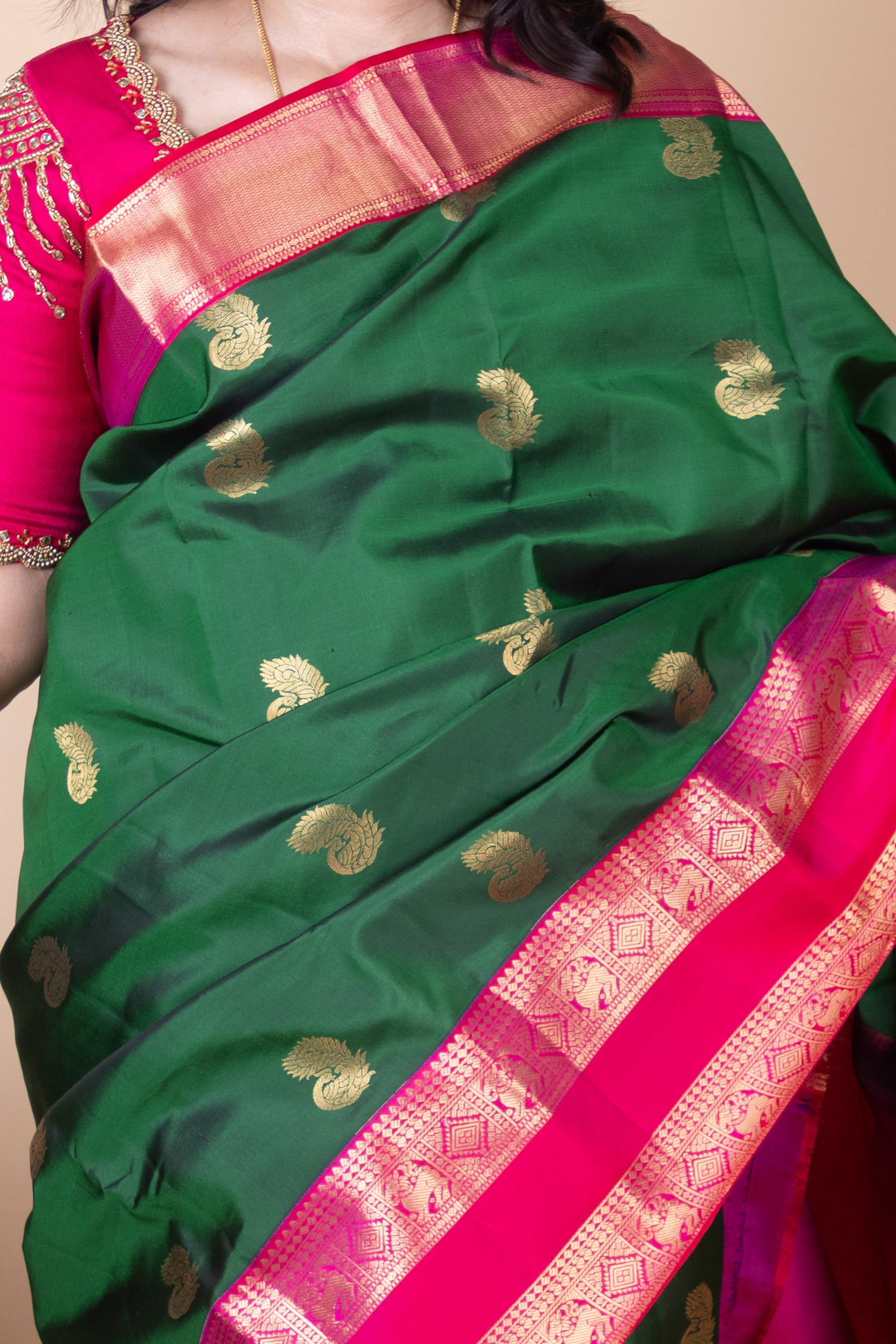 Jungle Green and Spring Creise Korvai Pure Kanjivaram Silk Saree