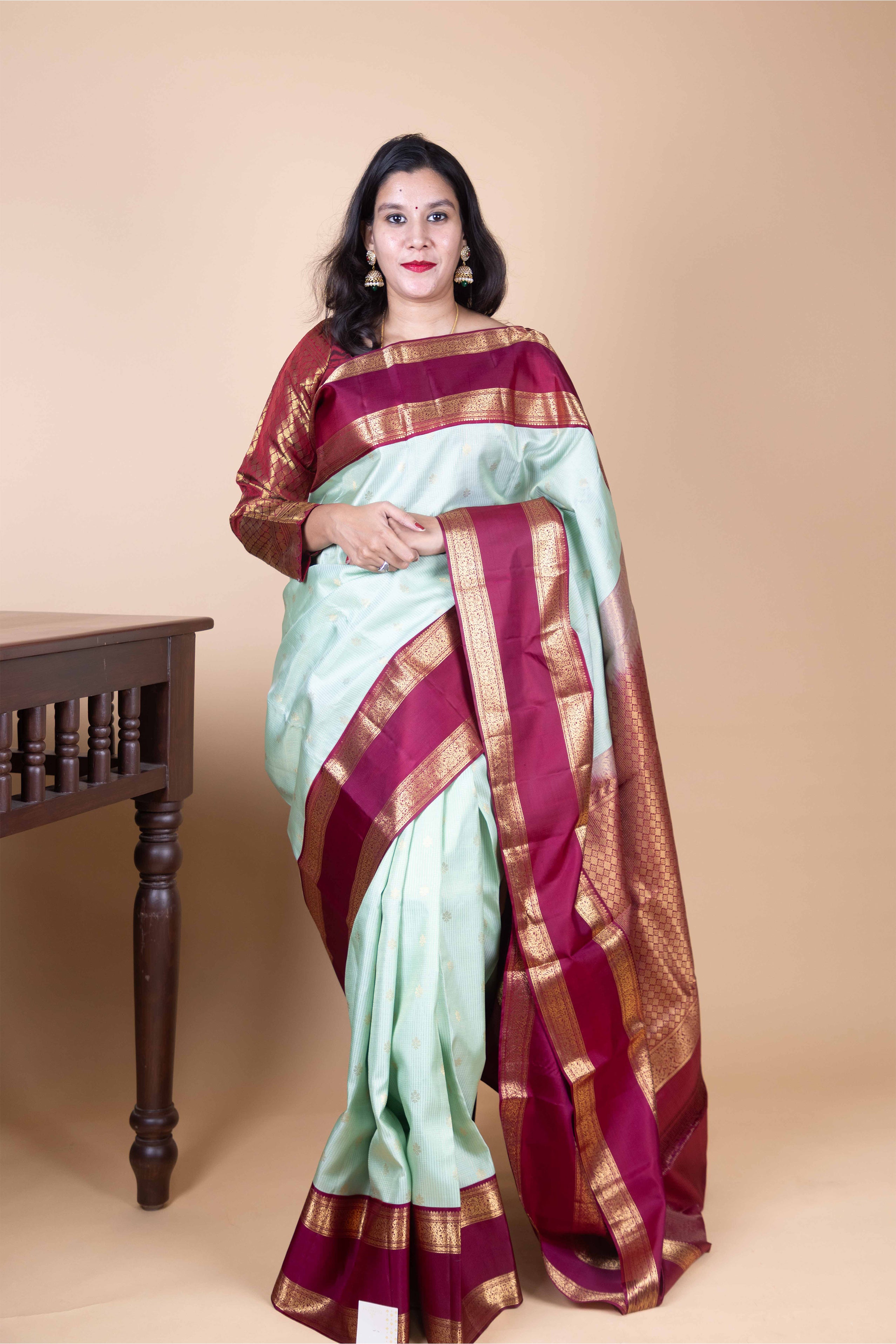Mint Green and Grape Purple Jari Checked  Pure Kanjivaram Silk Saree