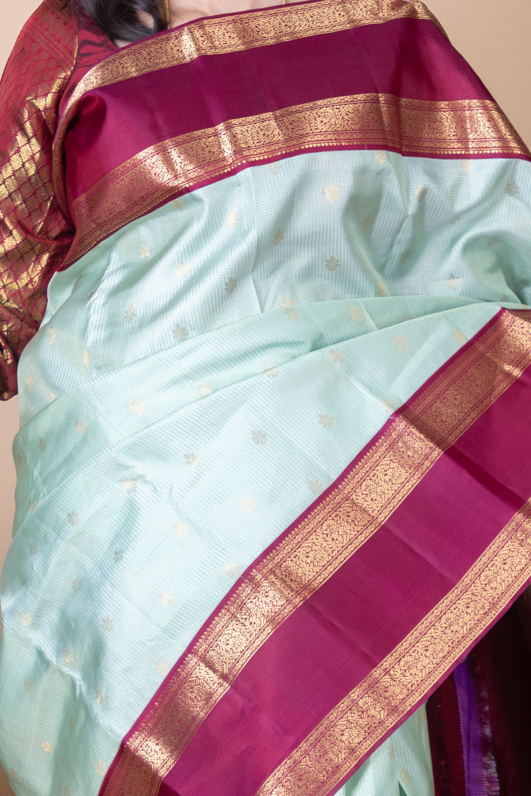 Mint Green and Grape Purple Jari Checked  Pure Kanjivaram Silk Saree
