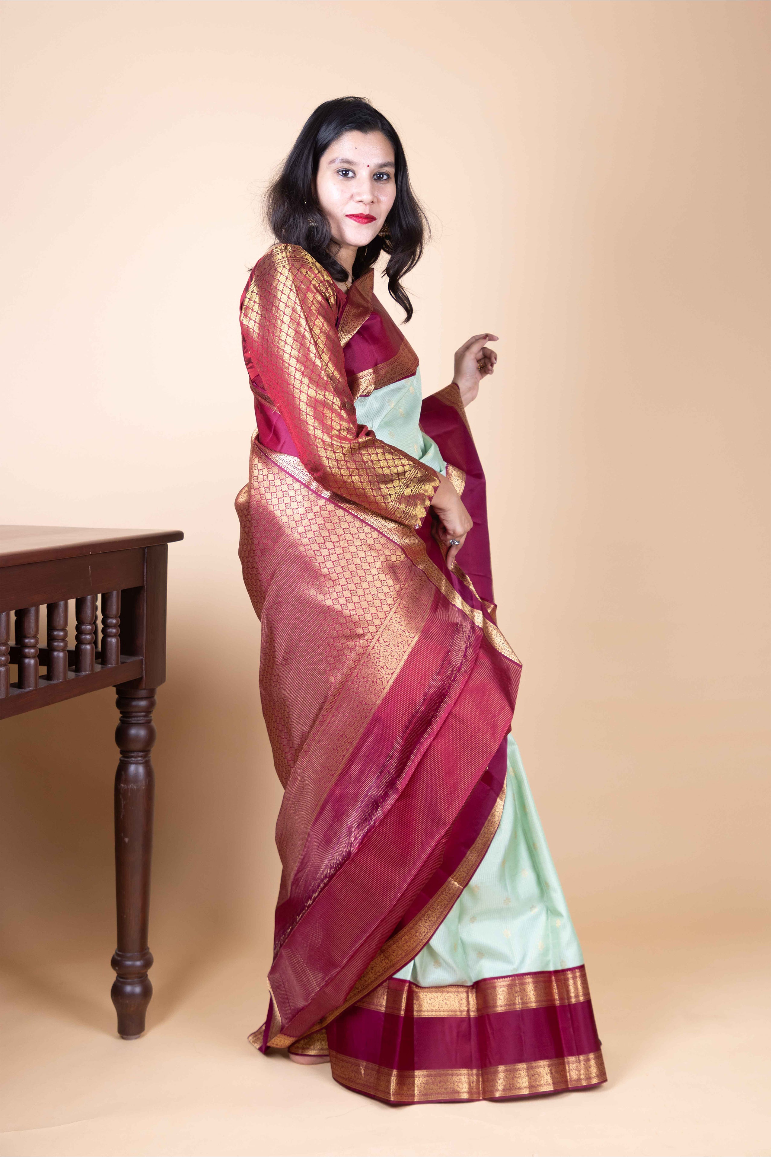 Mint Green and Grape Purple Jari Checked  Pure Kanjivaram Silk Saree