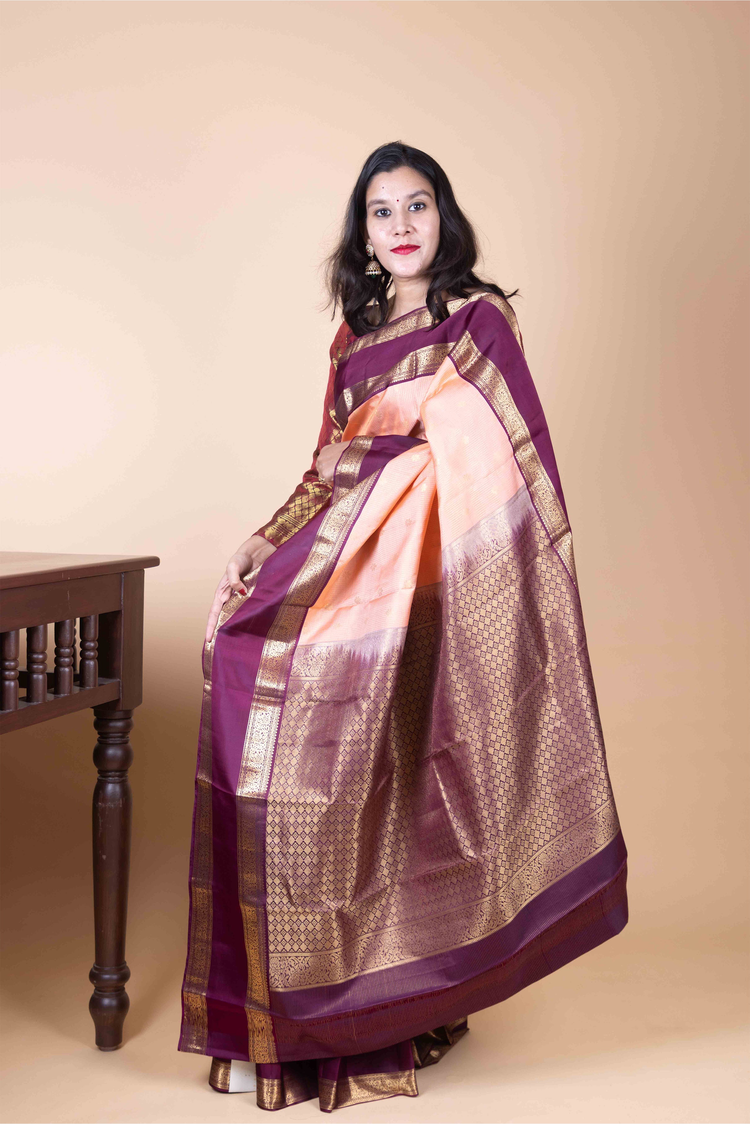 Peach Pink and Brinjal Purple Jari Checked Pure Kanjivaram Silk Saree