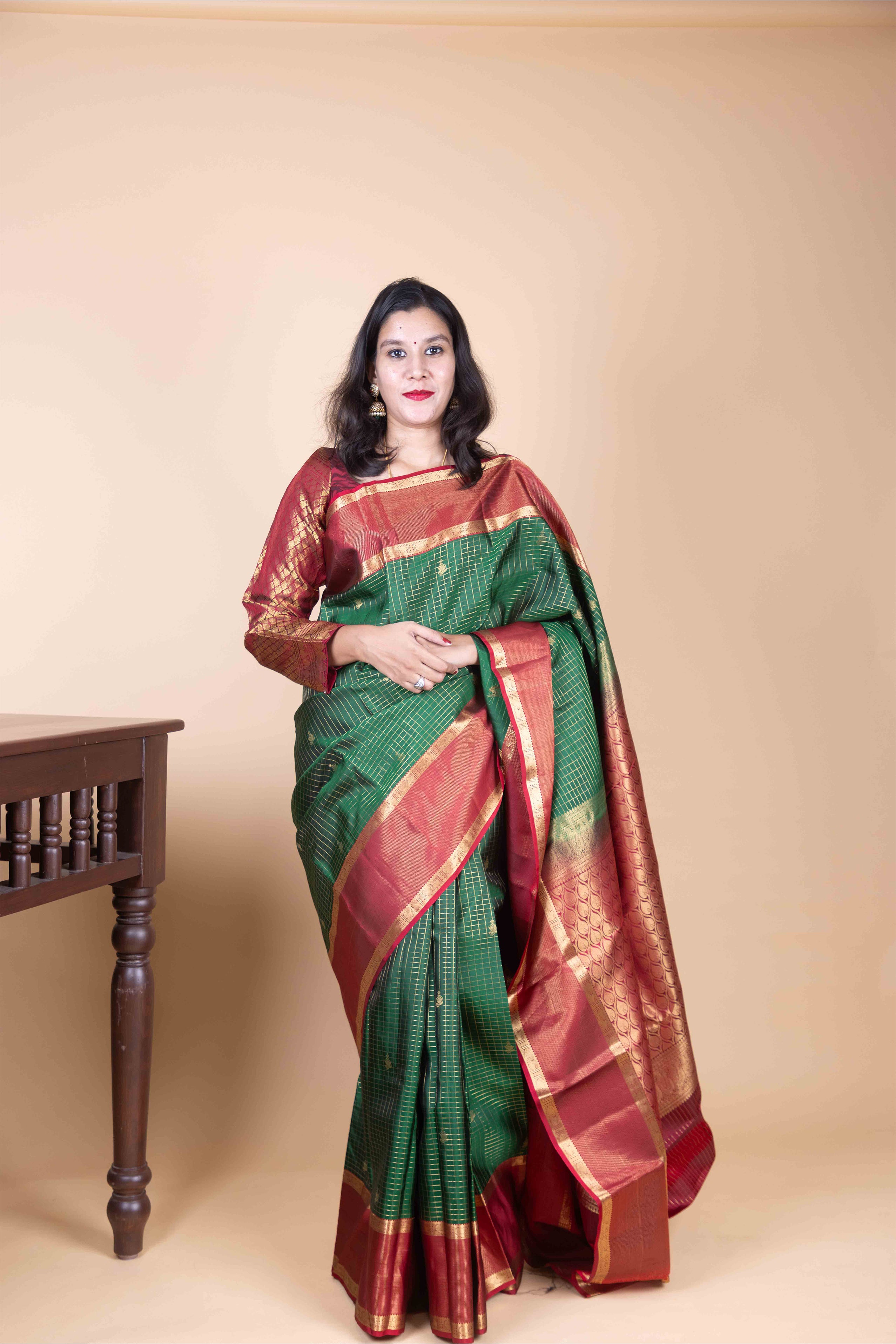 Forest Green and Maroon Jari Checked Pure Kanjivaram Silk Saree