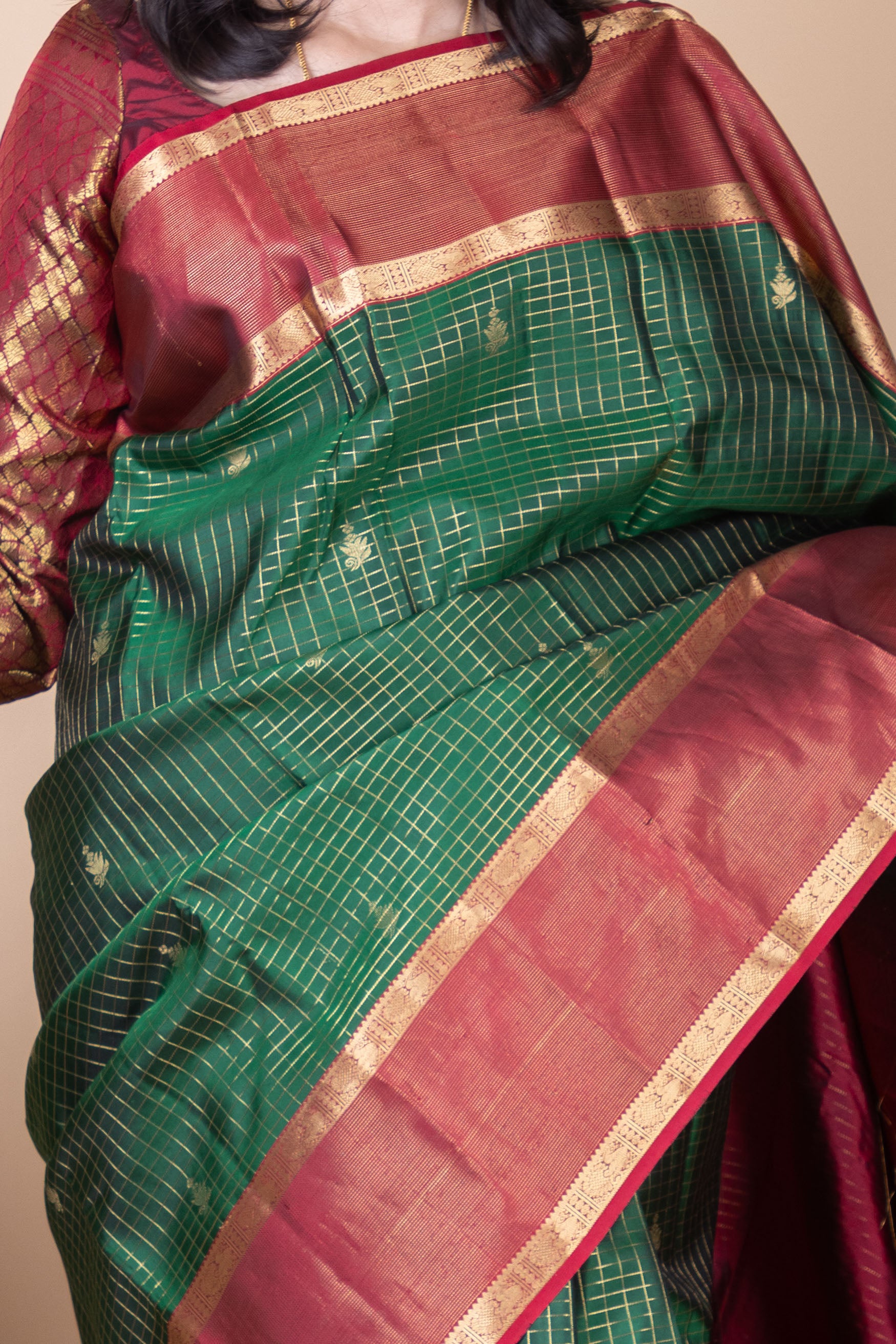 Forest Green and Maroon Jari Checked Pure Kanjivaram Silk Saree