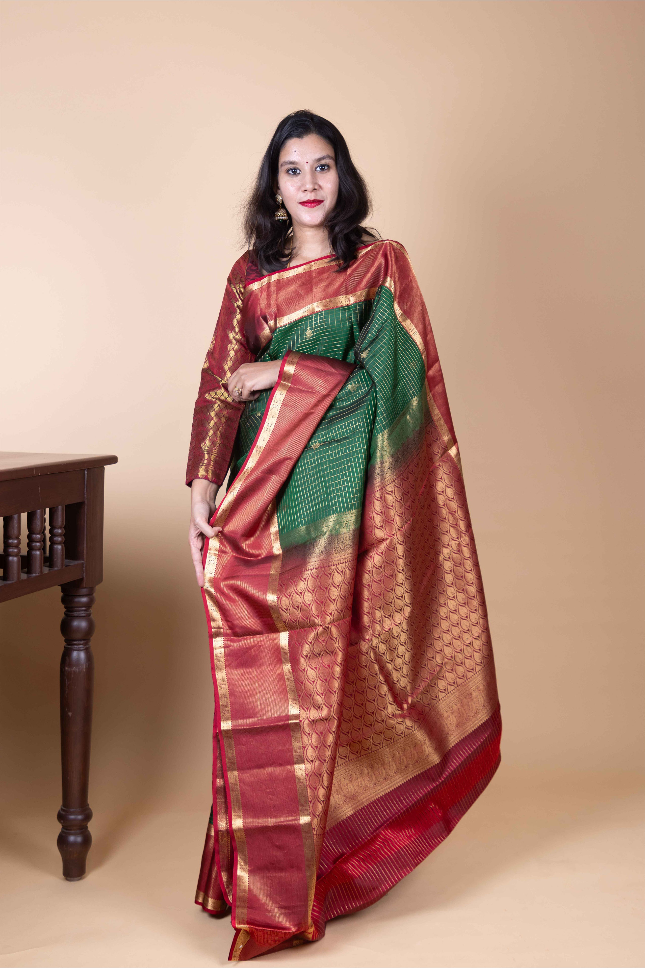 Forest Green and Maroon Jari Checked Pure Kanjivaram Silk Saree