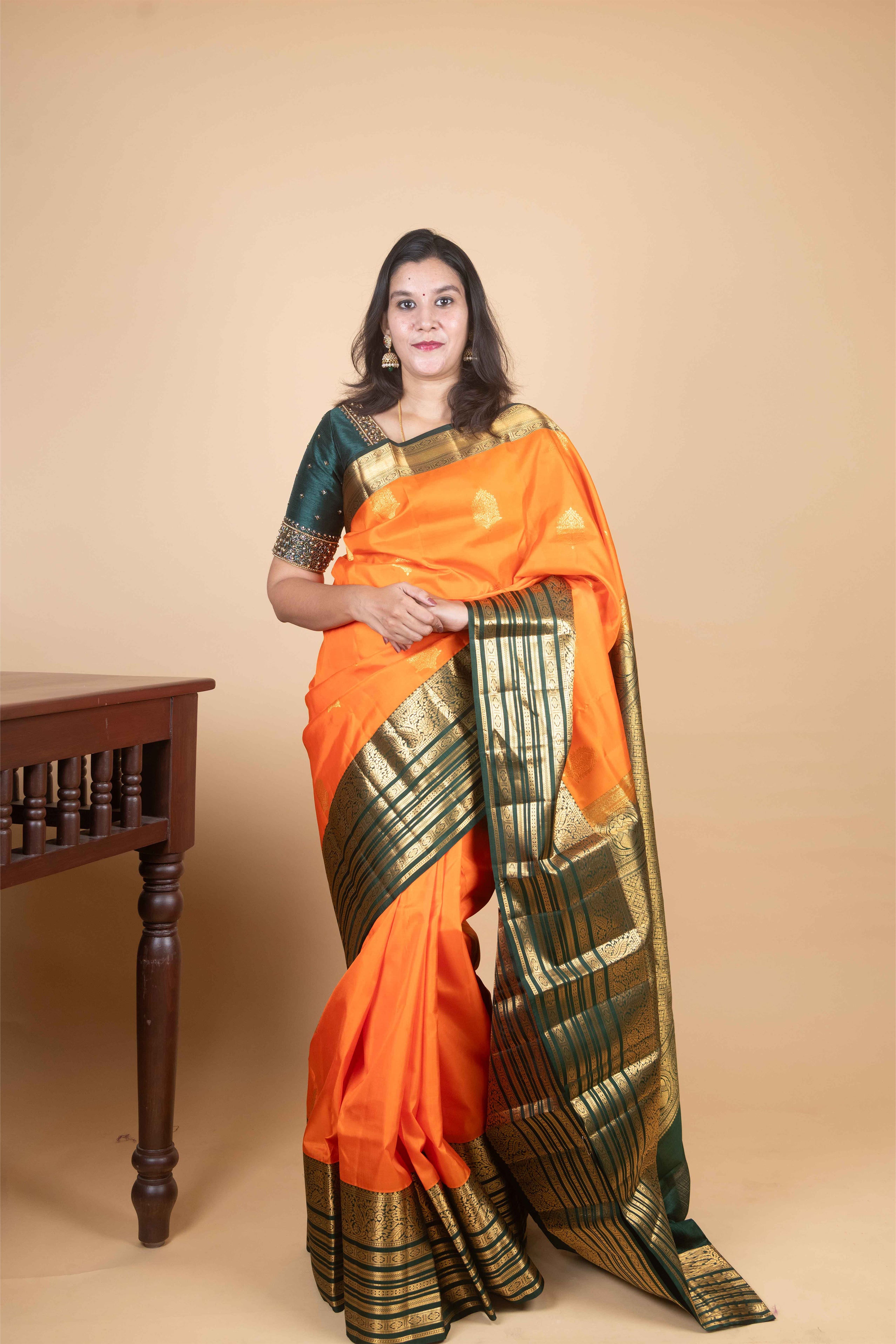 Saffron and Sacramento Green Traditional Pure Kanjivaram Silk Saree