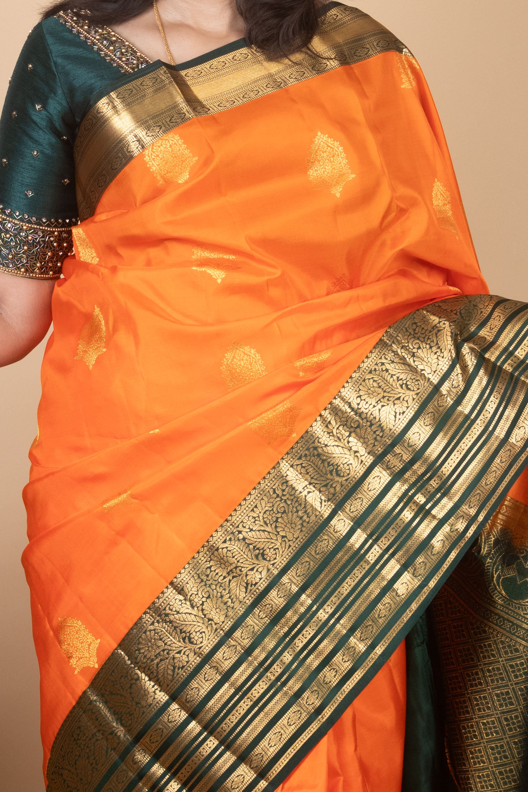 Saffron and Sacramento Green Traditional Pure Kanjivaram Silk Saree