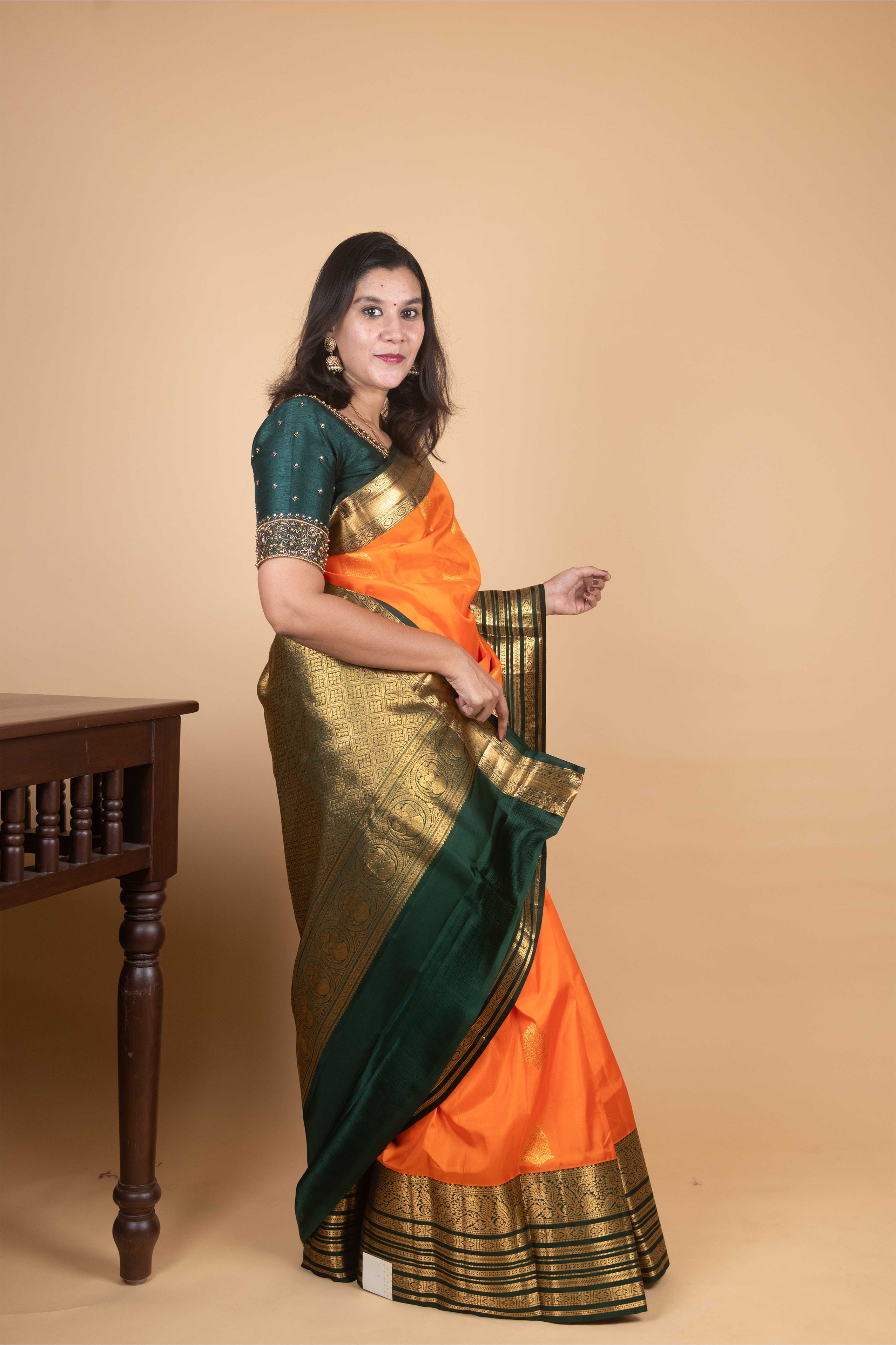 Saffron and Sacramento Green Traditional Pure Kanjivaram Silk Saree