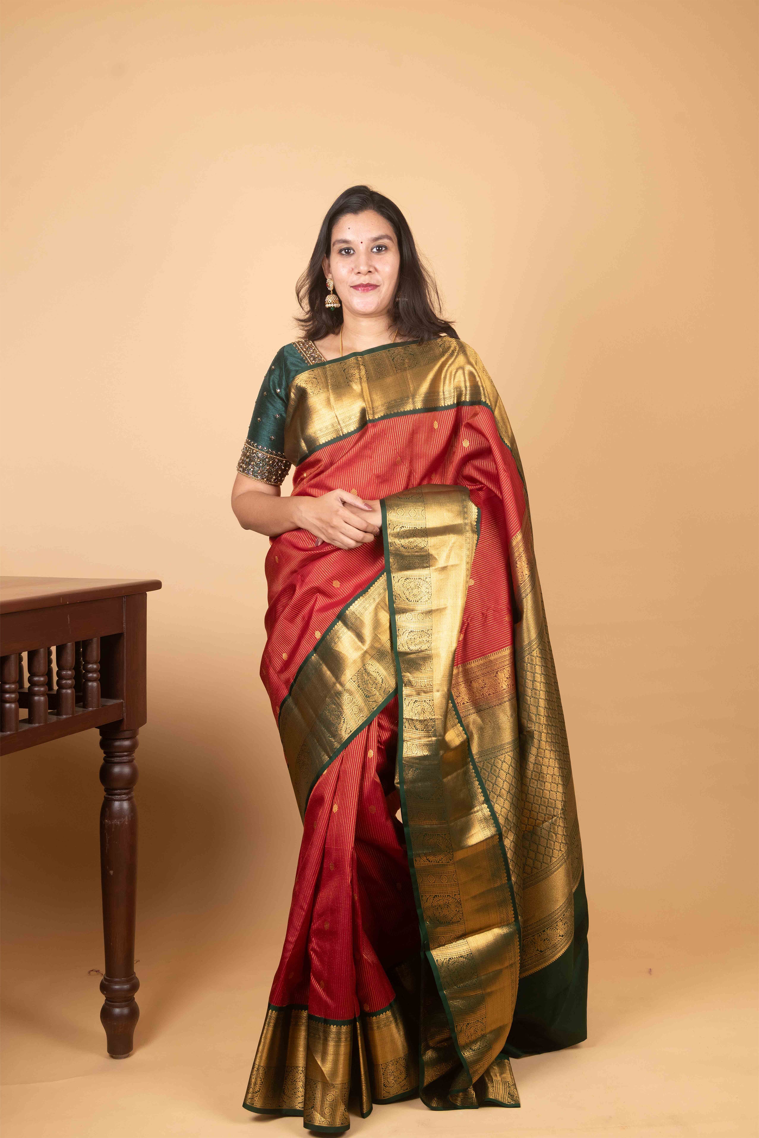 Blood Red and Deep Green Vairaoosi Pure Kanjivaram Silk Saree