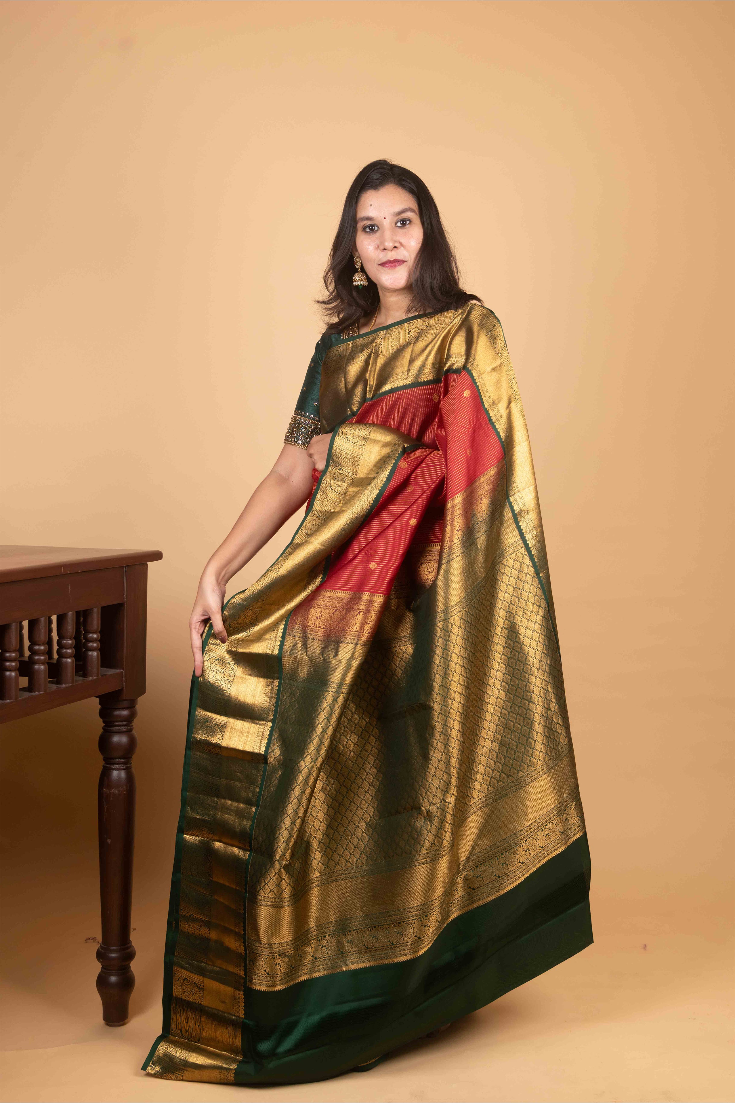 Blood Red and Deep Green Vairaoosi Pure Kanjivaram Silk Saree