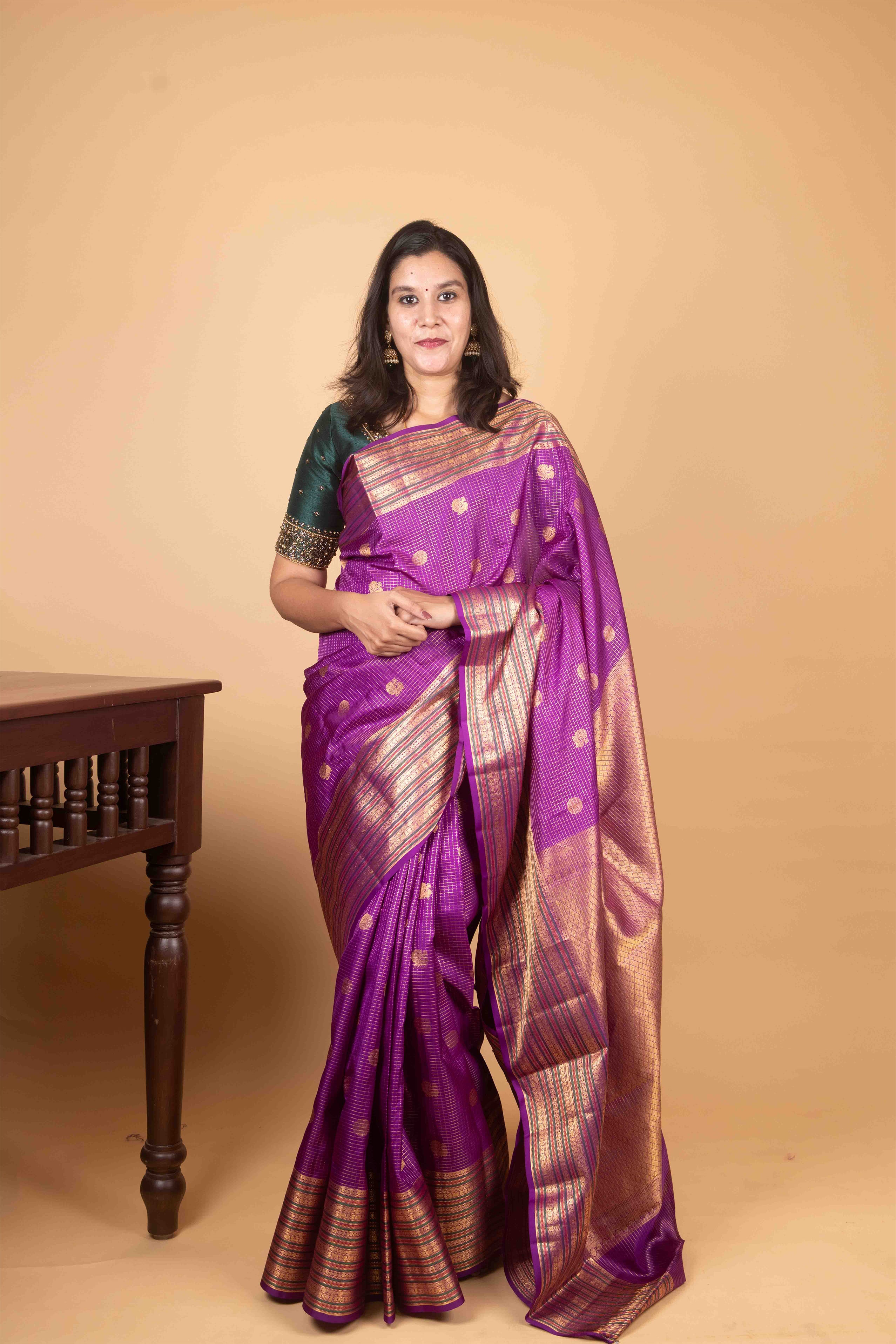 Violet Jari Checked Pure Kanjivaram Silk Saree