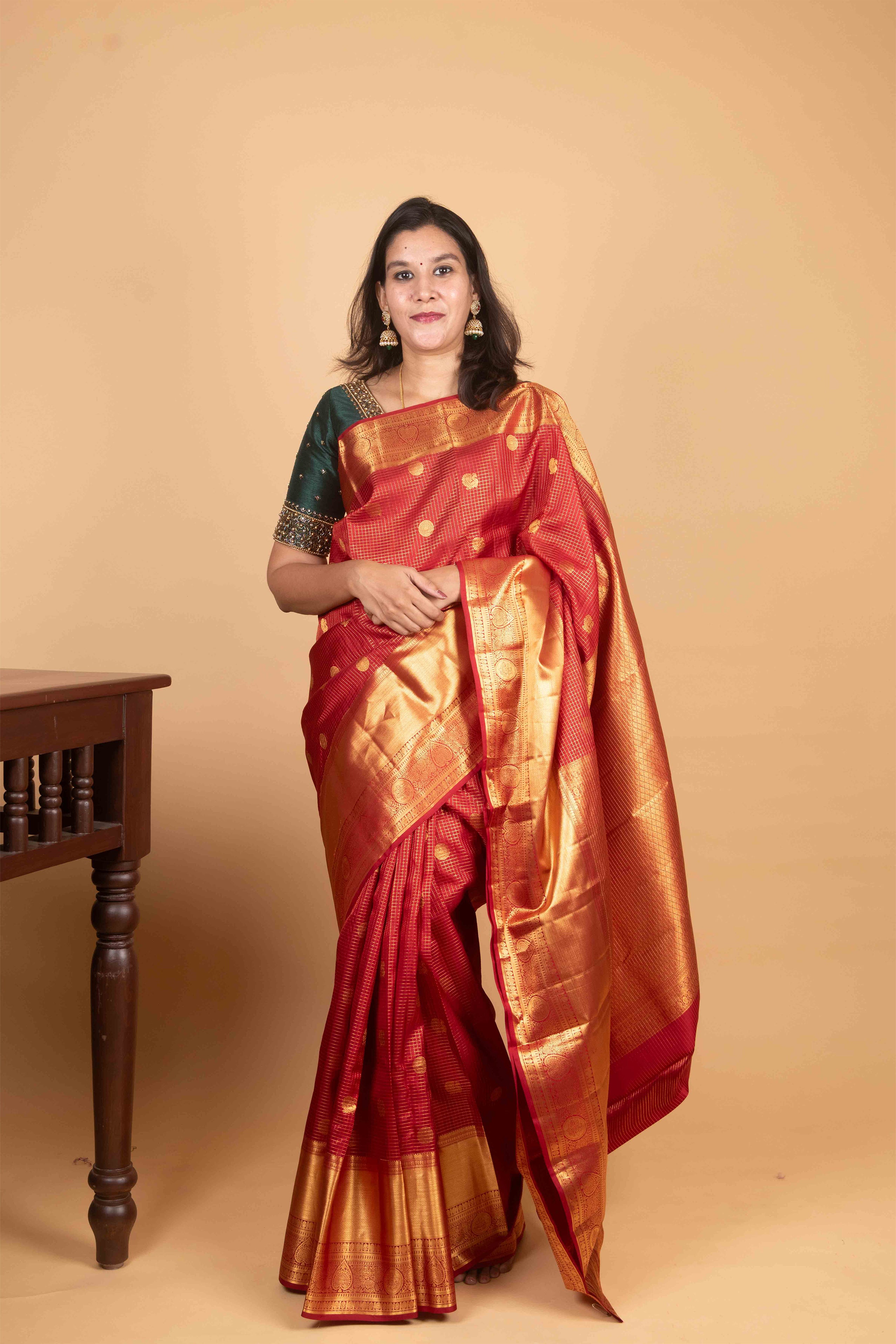Maroon Jari Checked Pure Kanjivaram Silk Saree