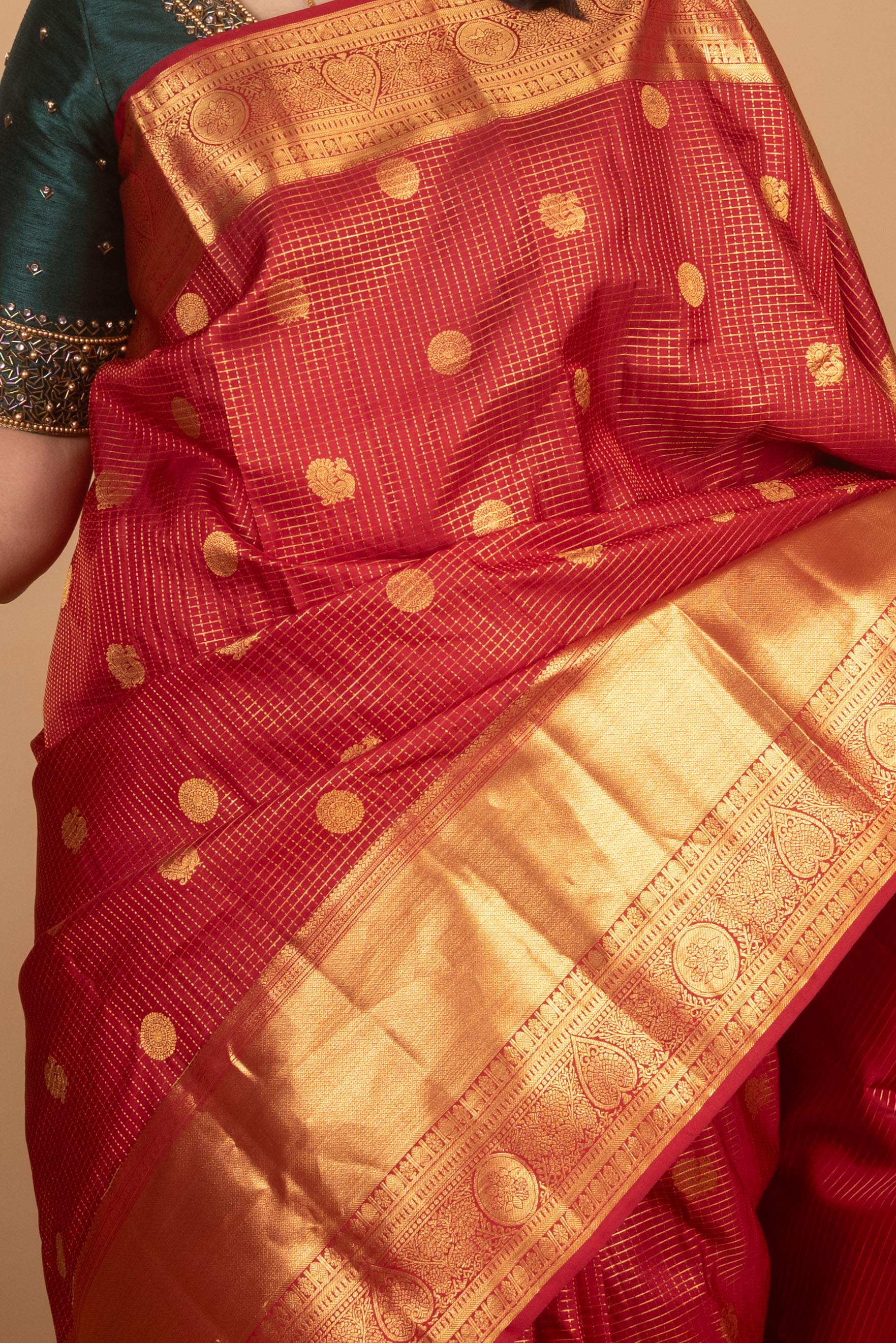 Maroon Jari Checked Pure Kanjivaram Silk Saree