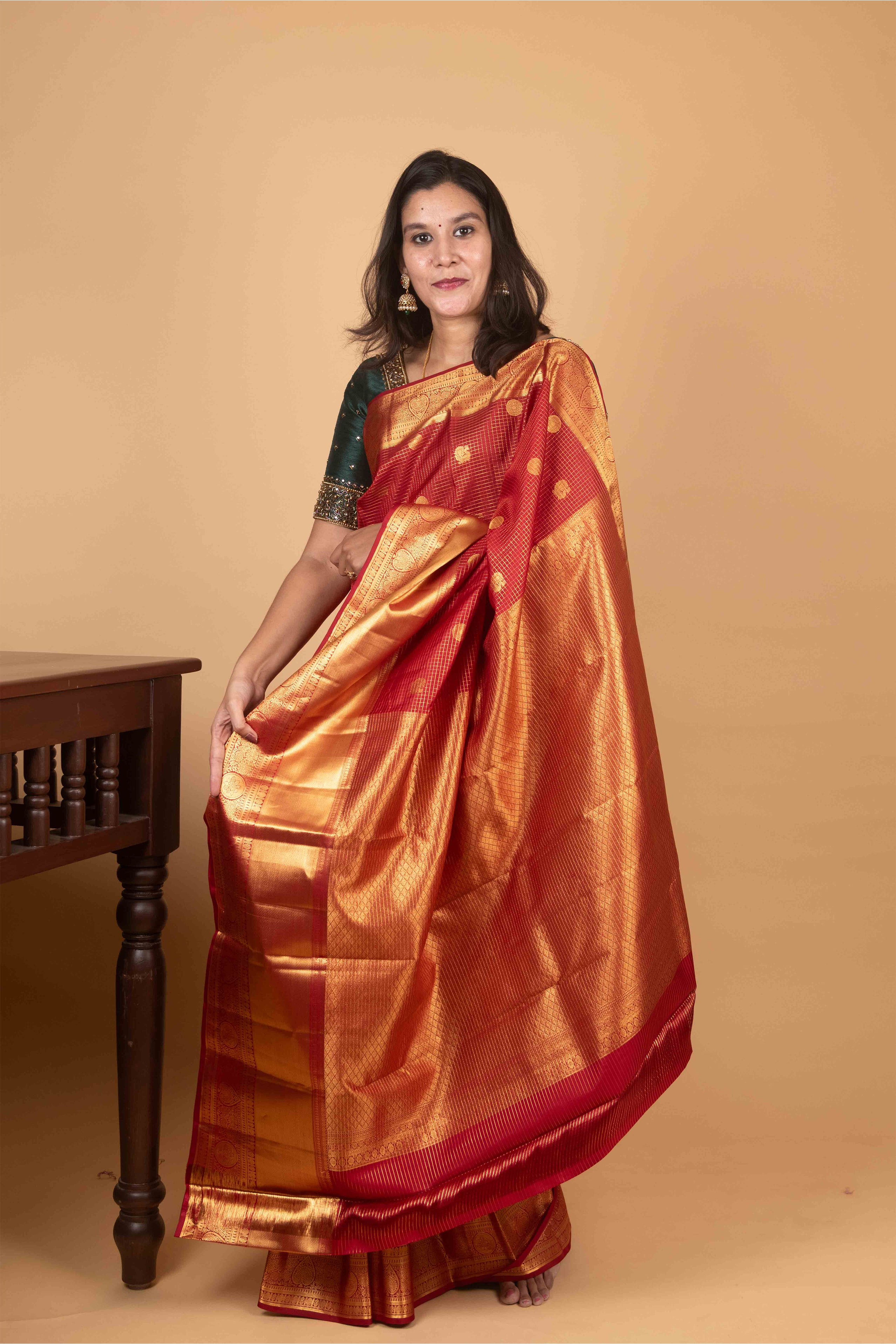 Maroon Jari Checked Pure Kanjivaram Silk Saree
