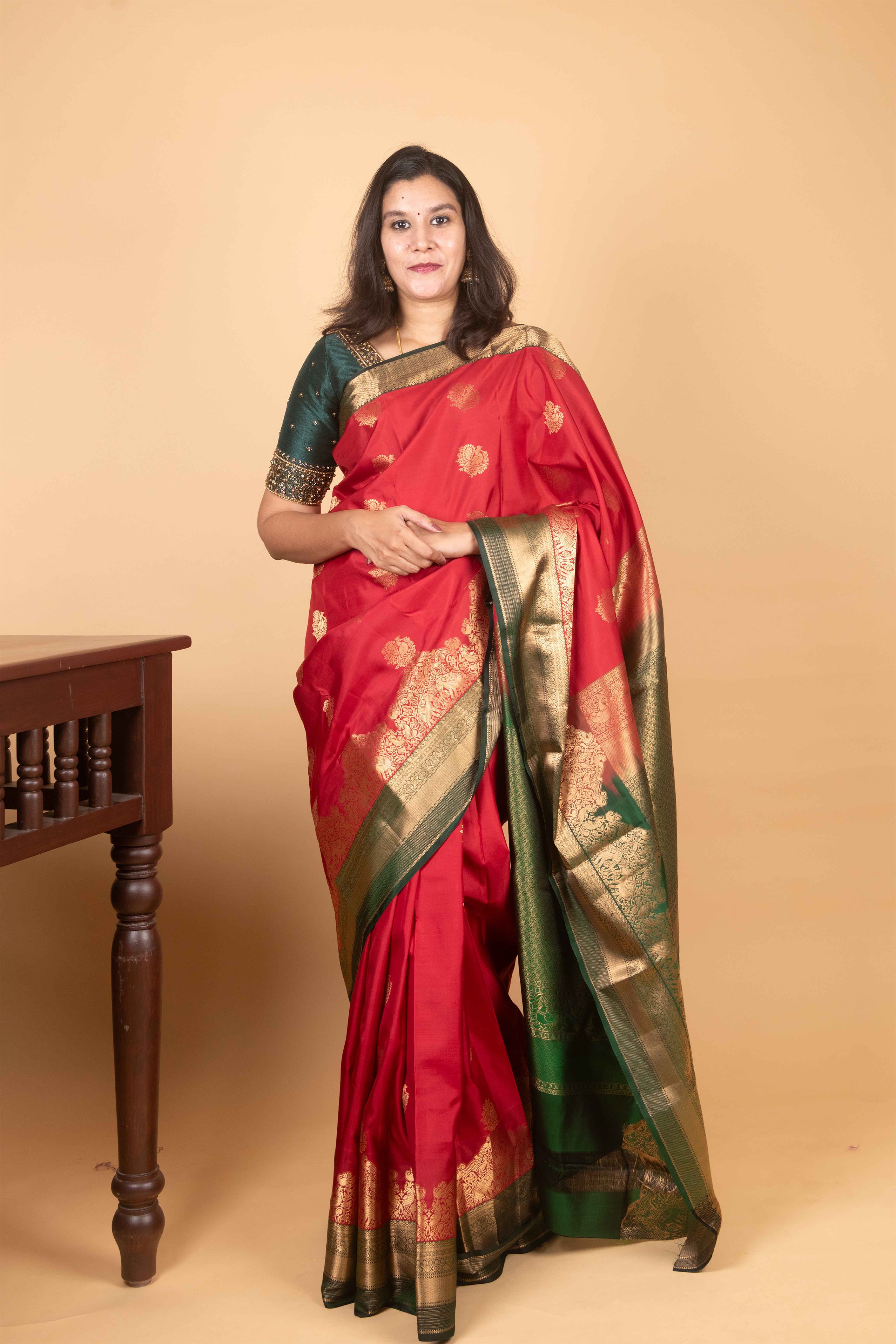 Crimson and Dark Green Traditional Pure Kanjivaram Silk Saree