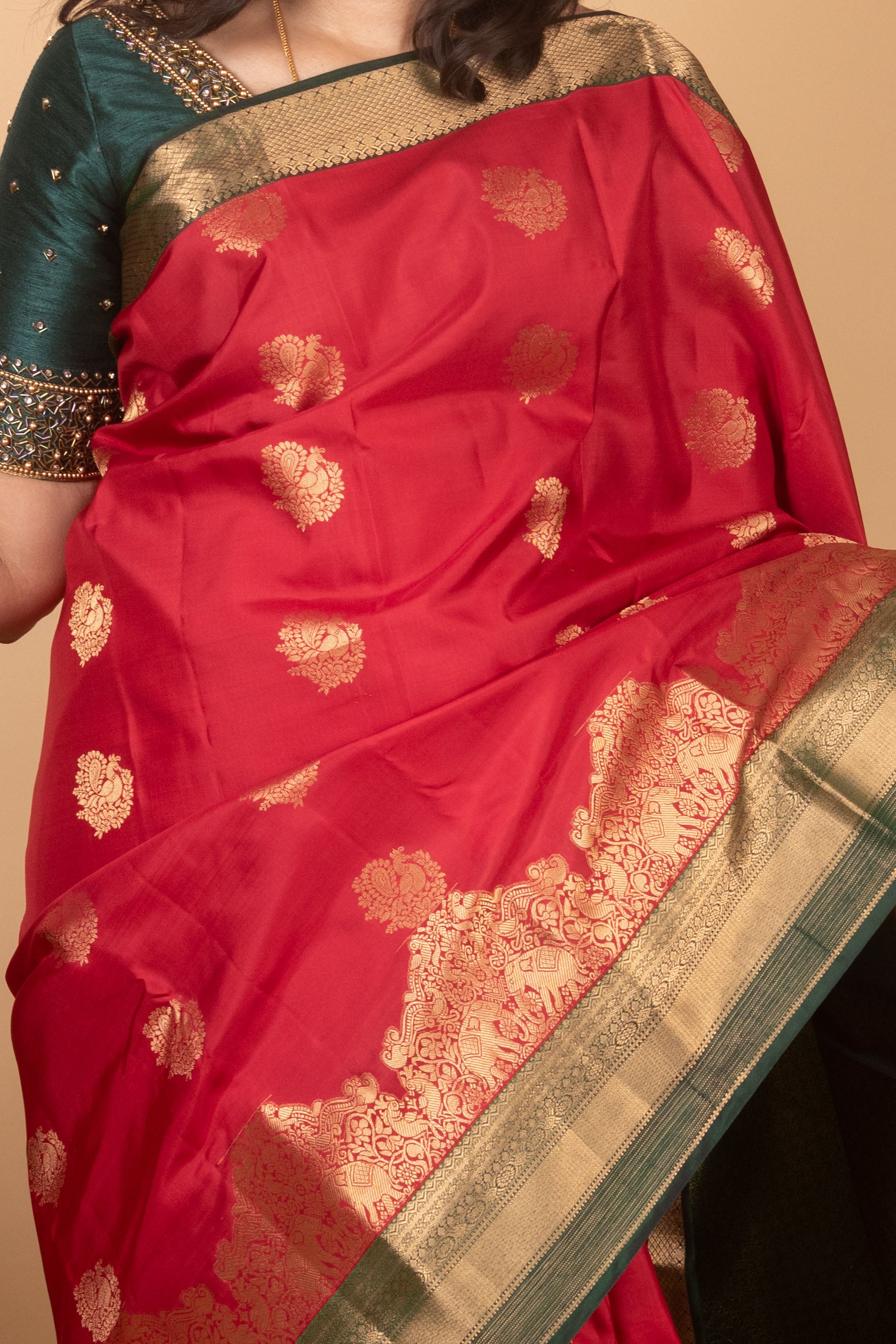 Crimson and Dark Green Traditional Pure Kanjivaram Silk Saree