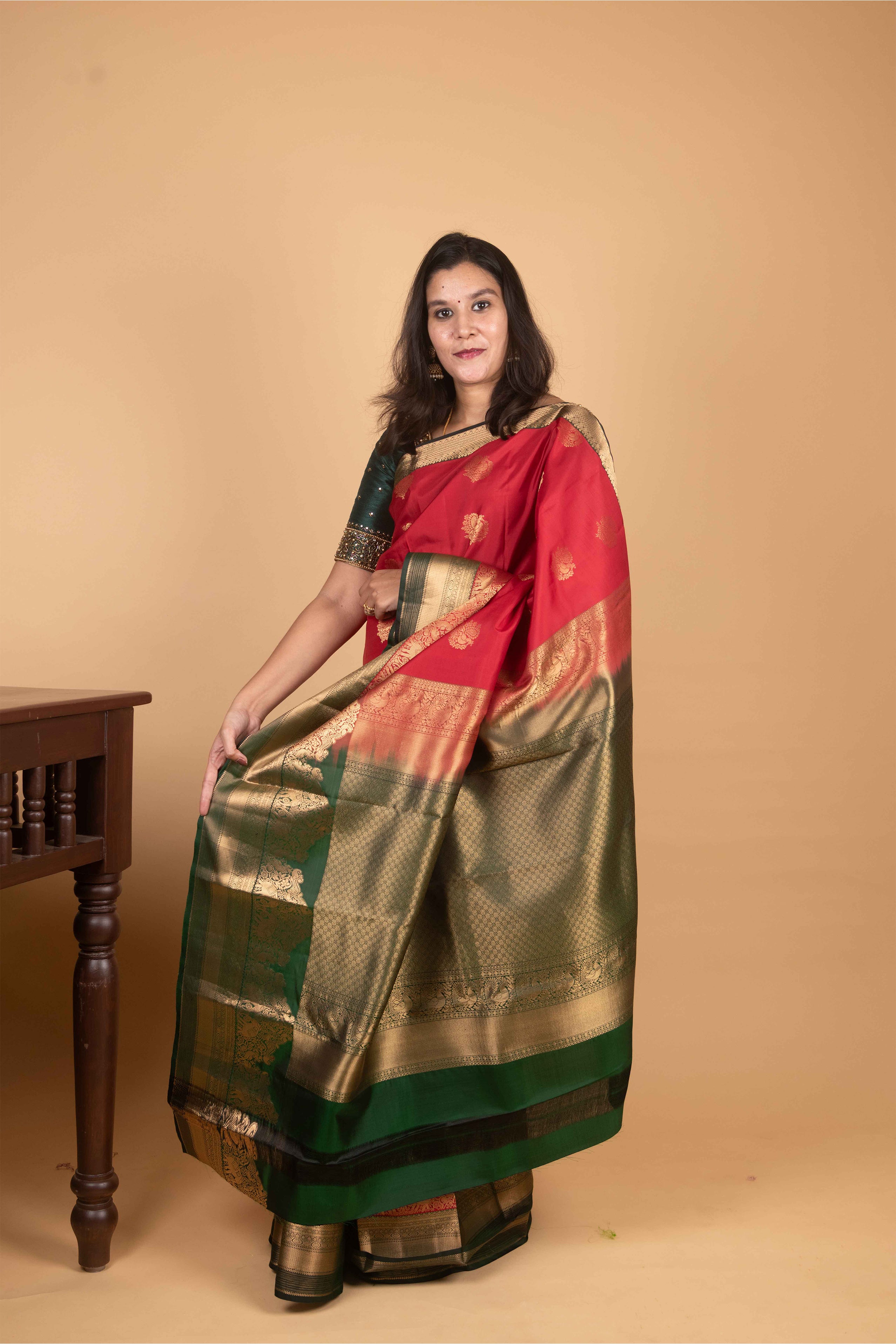 Crimson and Dark Green Traditional Pure Kanjivaram Silk Saree