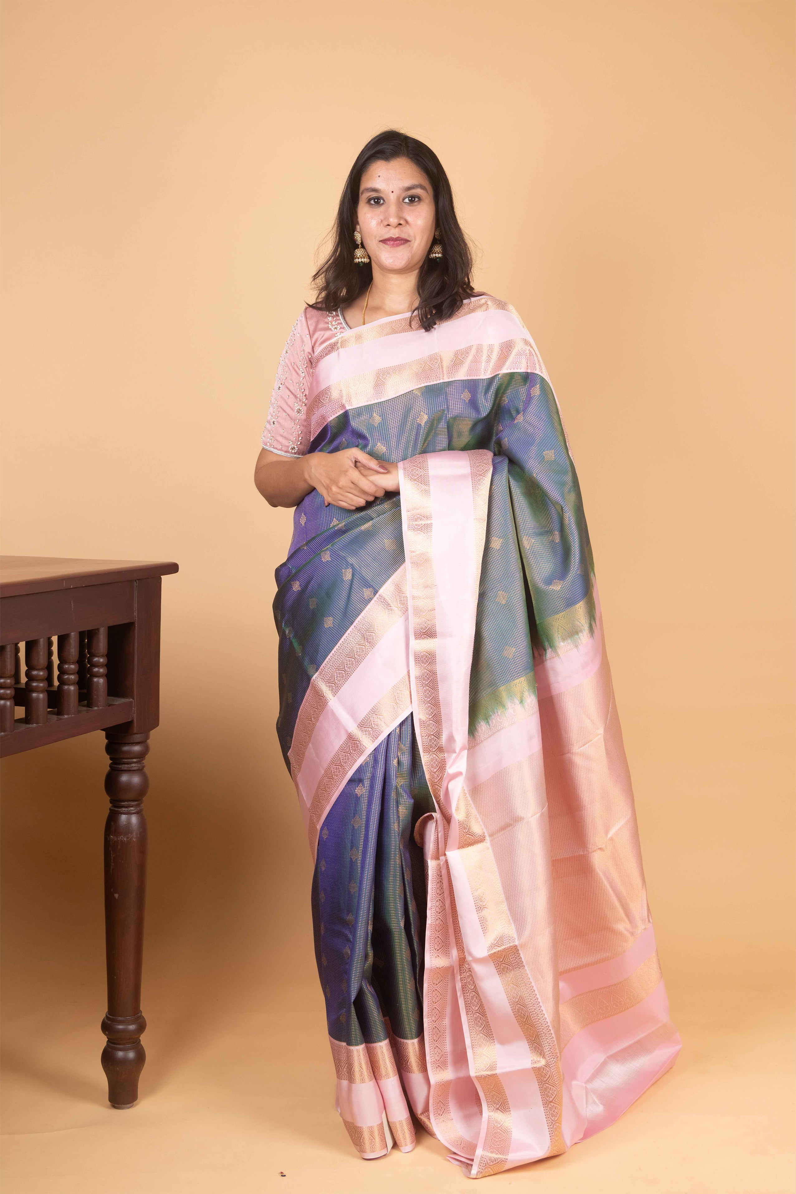 Peacock Blue and Baby Pink Jari Checked Pure Kanjivaram Silk Saree