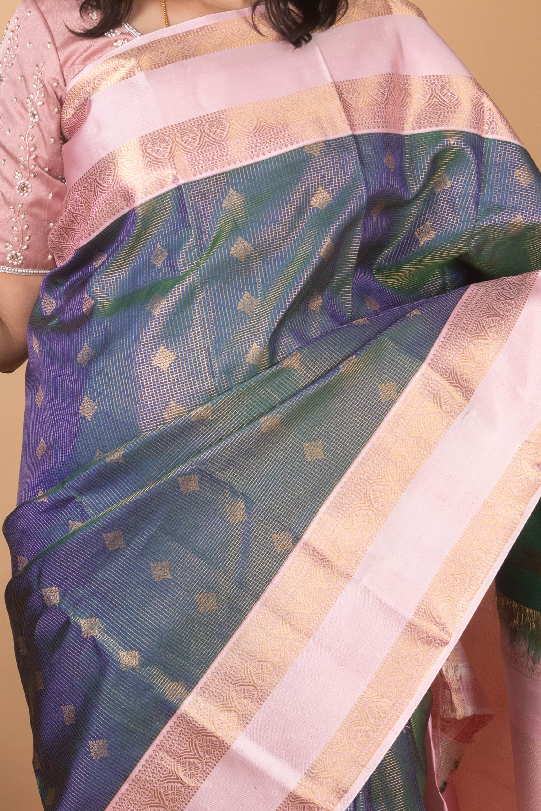 Peacock Blue and Baby Pink Jari Checked Pure Kanjivaram Silk Saree