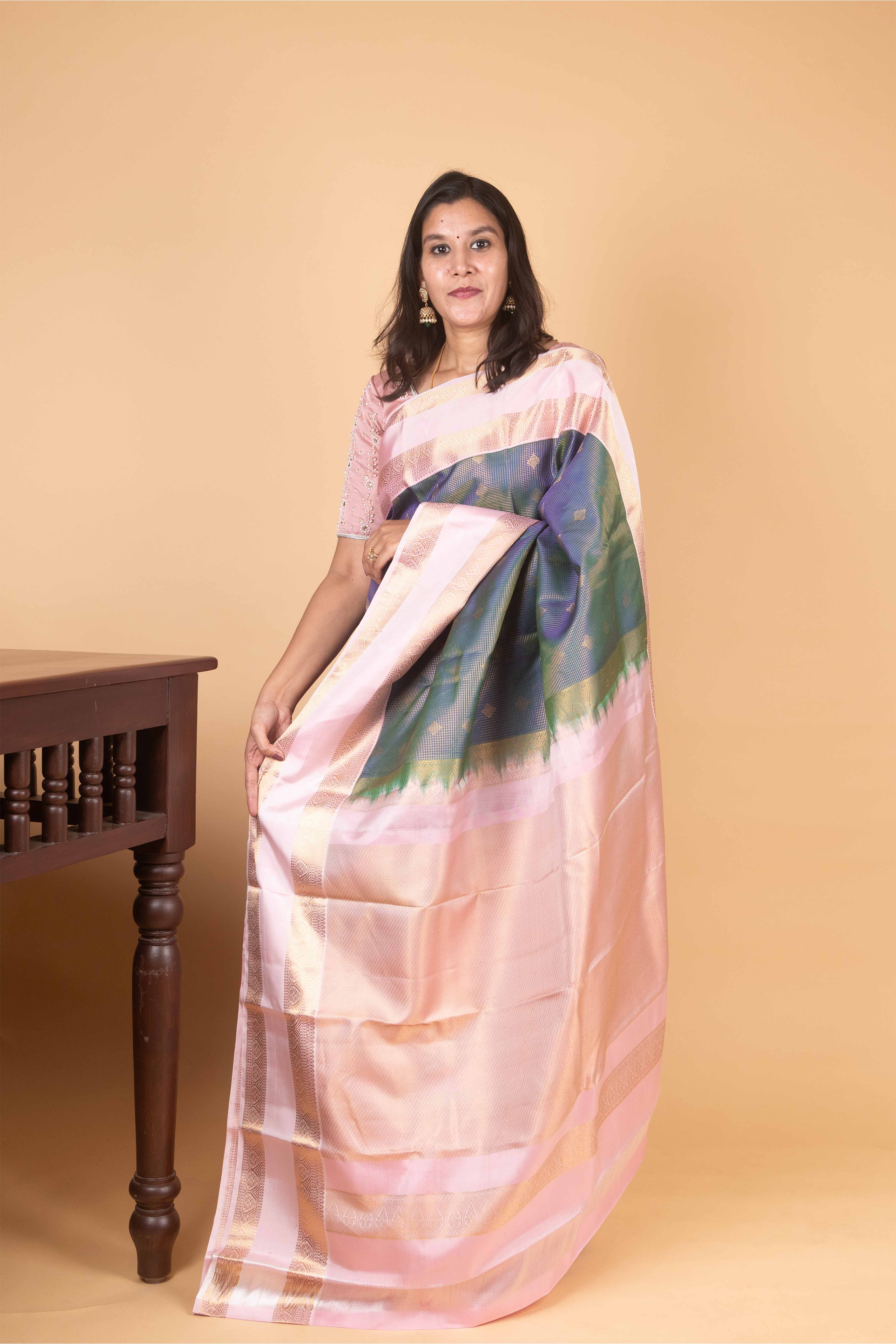 Peacock Blue and Baby Pink Jari Checked Pure Kanjivaram Silk Saree