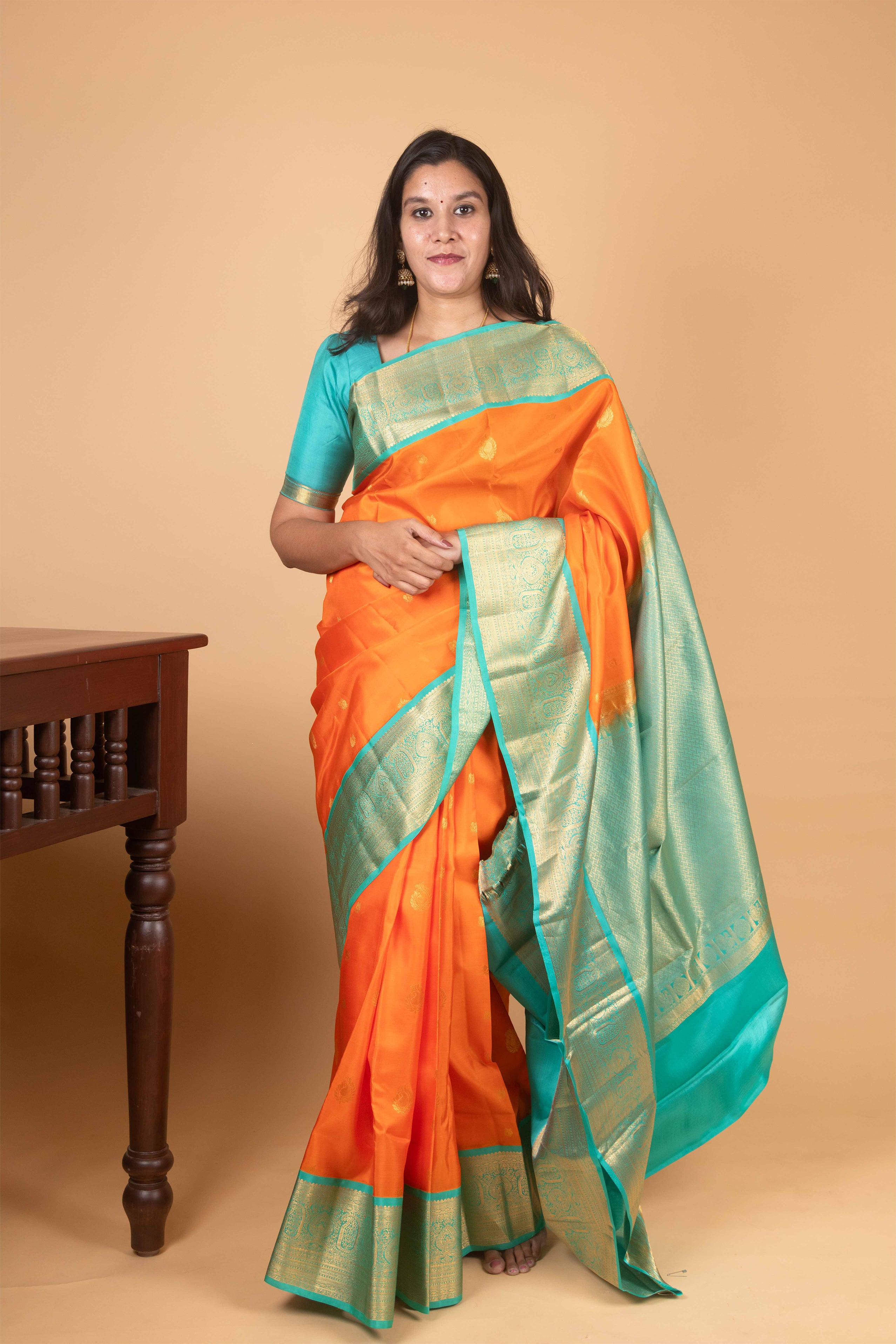 Safety Orange and Caribbean Green Korvai Pure Kanjivaram Silk Saree
