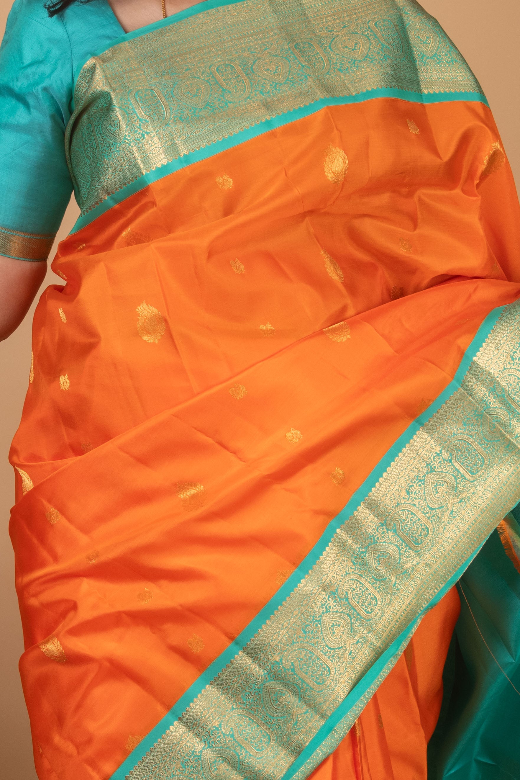 Safety Orange and Caribbean Green Korvai Pure Kanjivaram Silk Saree