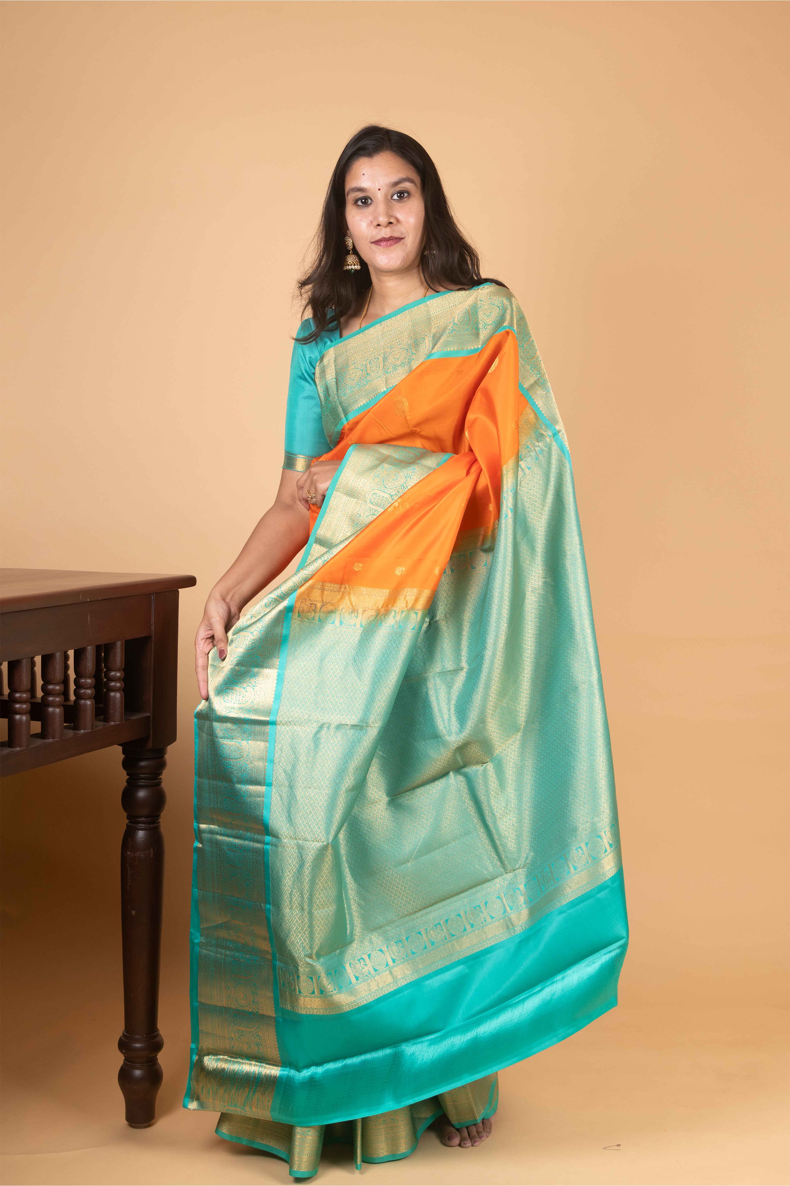 Safety Orange and Caribbean Green Korvai Pure Kanjivaram Silk Saree