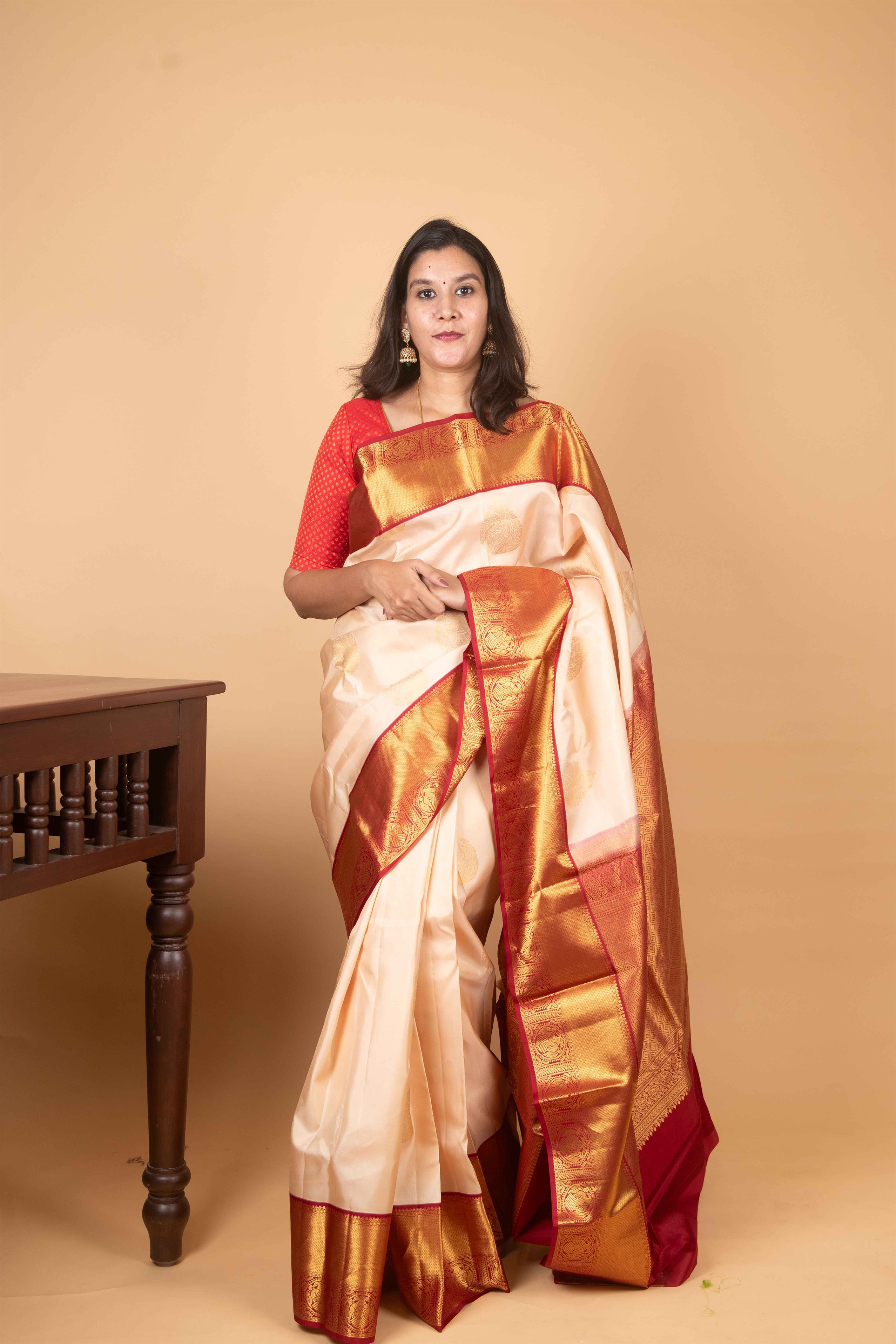 White Chocolate and Crimson Traditional Pure Kanjivaram Silk Saree